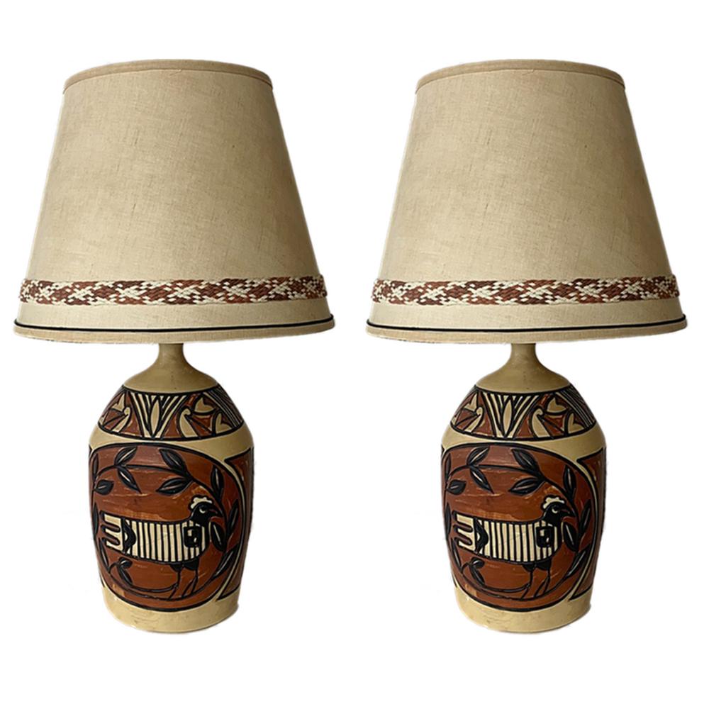 Pair of Monumental Aztec /Southwestern Pablo Picasso Style Ceramic Table Lamps 1