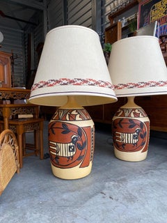 Pair of Monumental Aztec / Southwestern Pablo Picasso Style Ceramic Table Lamps