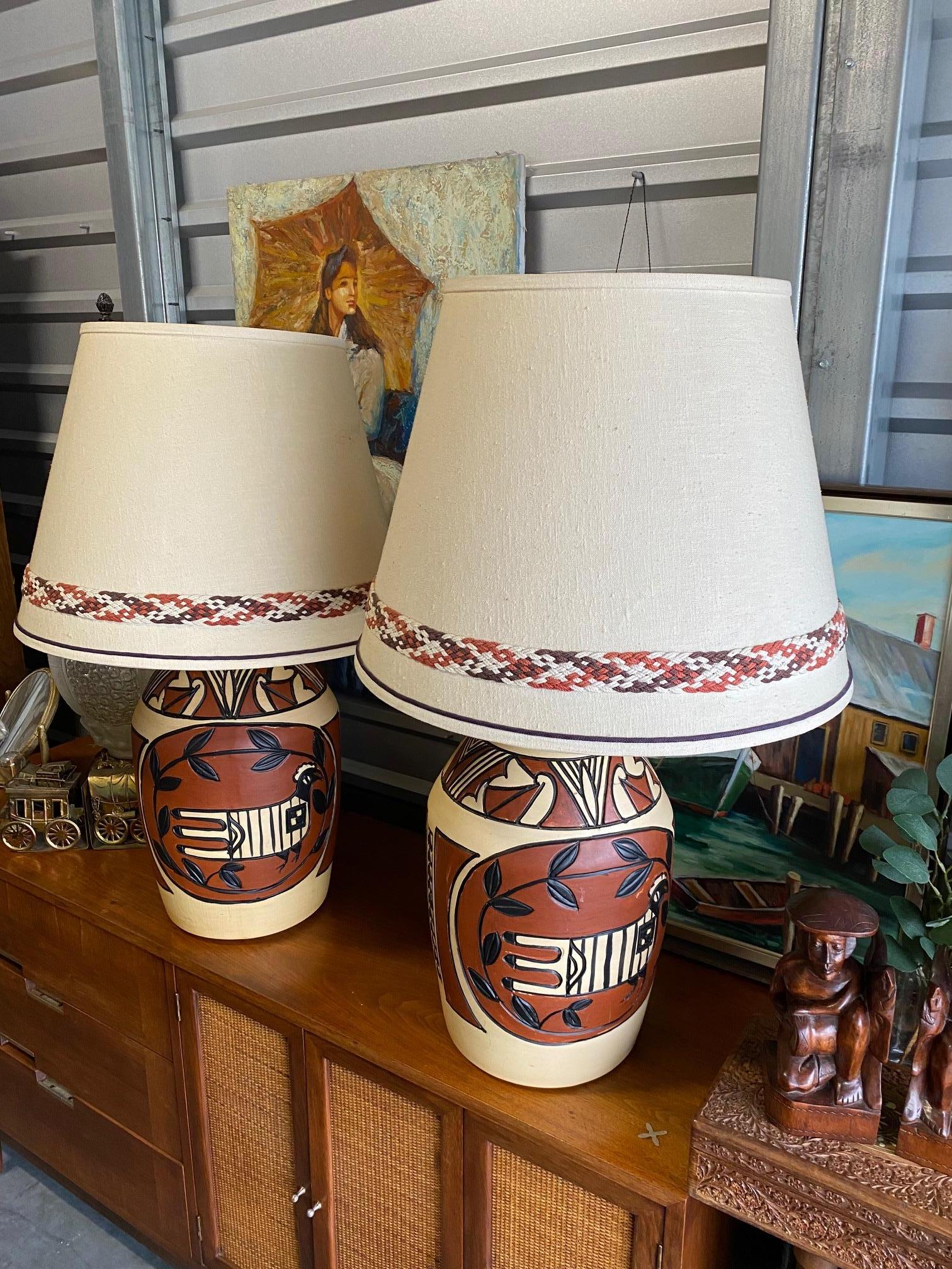 Mid-Century Modern Pair of Monumental Aztec / Southwestern Pablo Picasso Style Ceramic Table Lamps