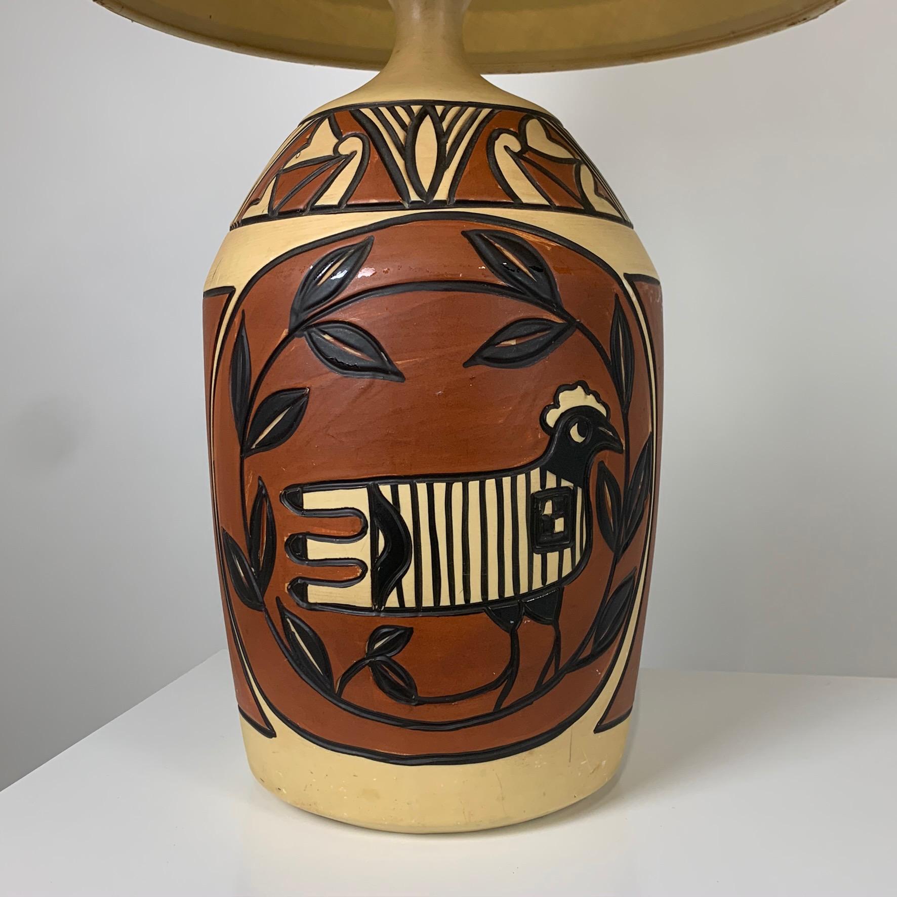 American Pair of Monumental Aztec /Southwestern Pablo Picasso Style Ceramic Table Lamps