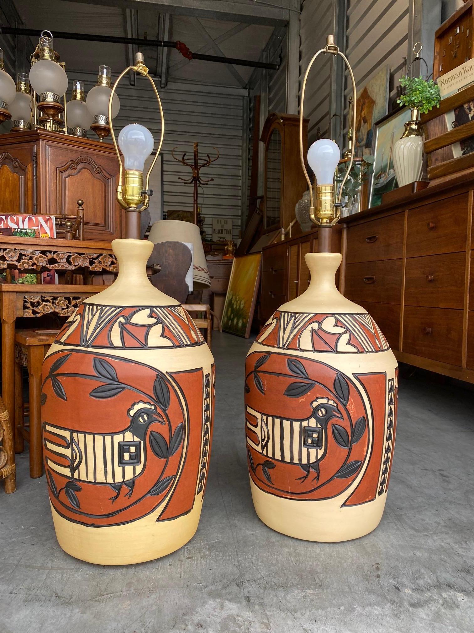 American Pair of Monumental Aztec / Southwestern Pablo Picasso Style Ceramic Table Lamps