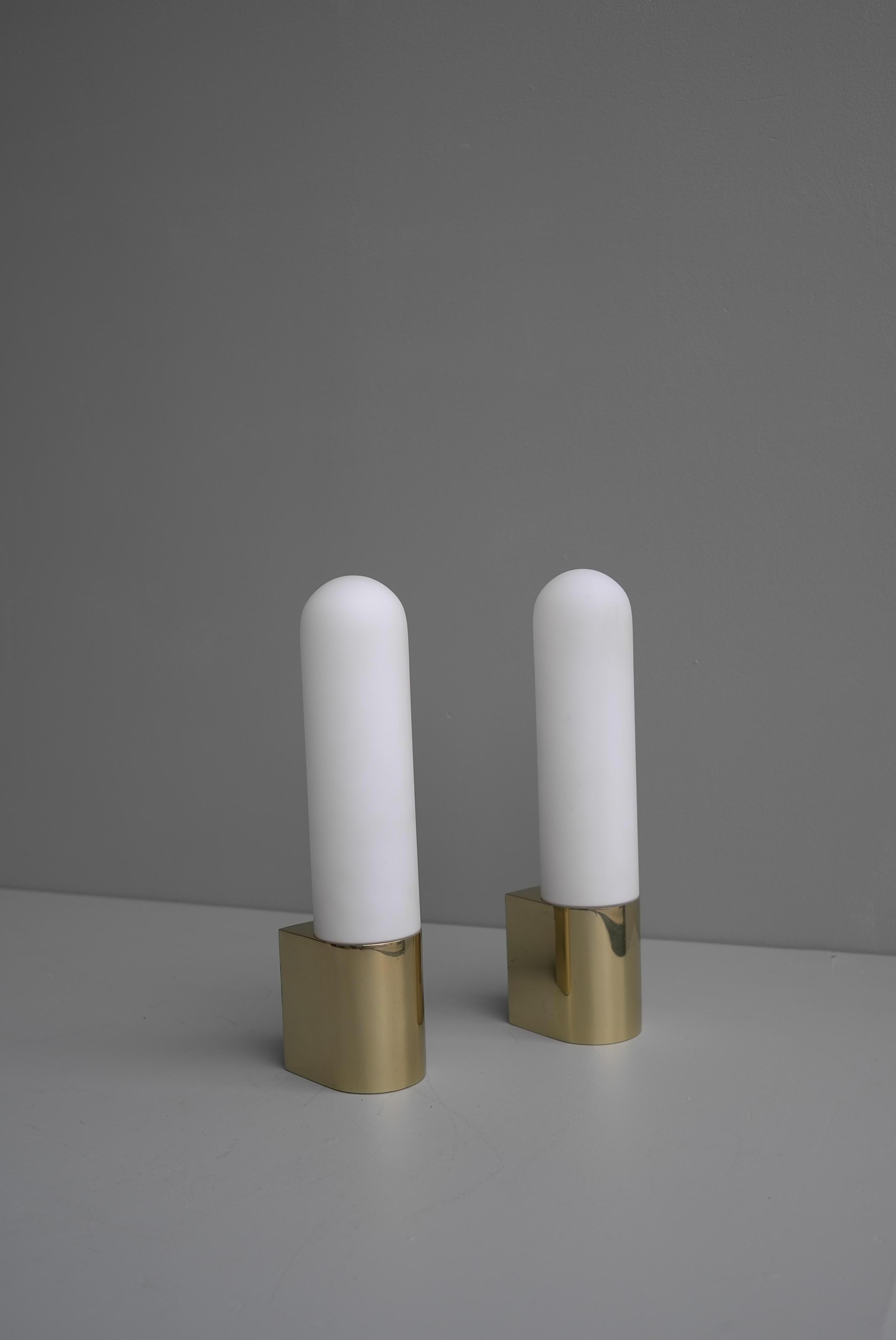 Mid-Century Modern Pair of Monumental Brass and Opaline Glass Wall Lamps, 1970s For Sale