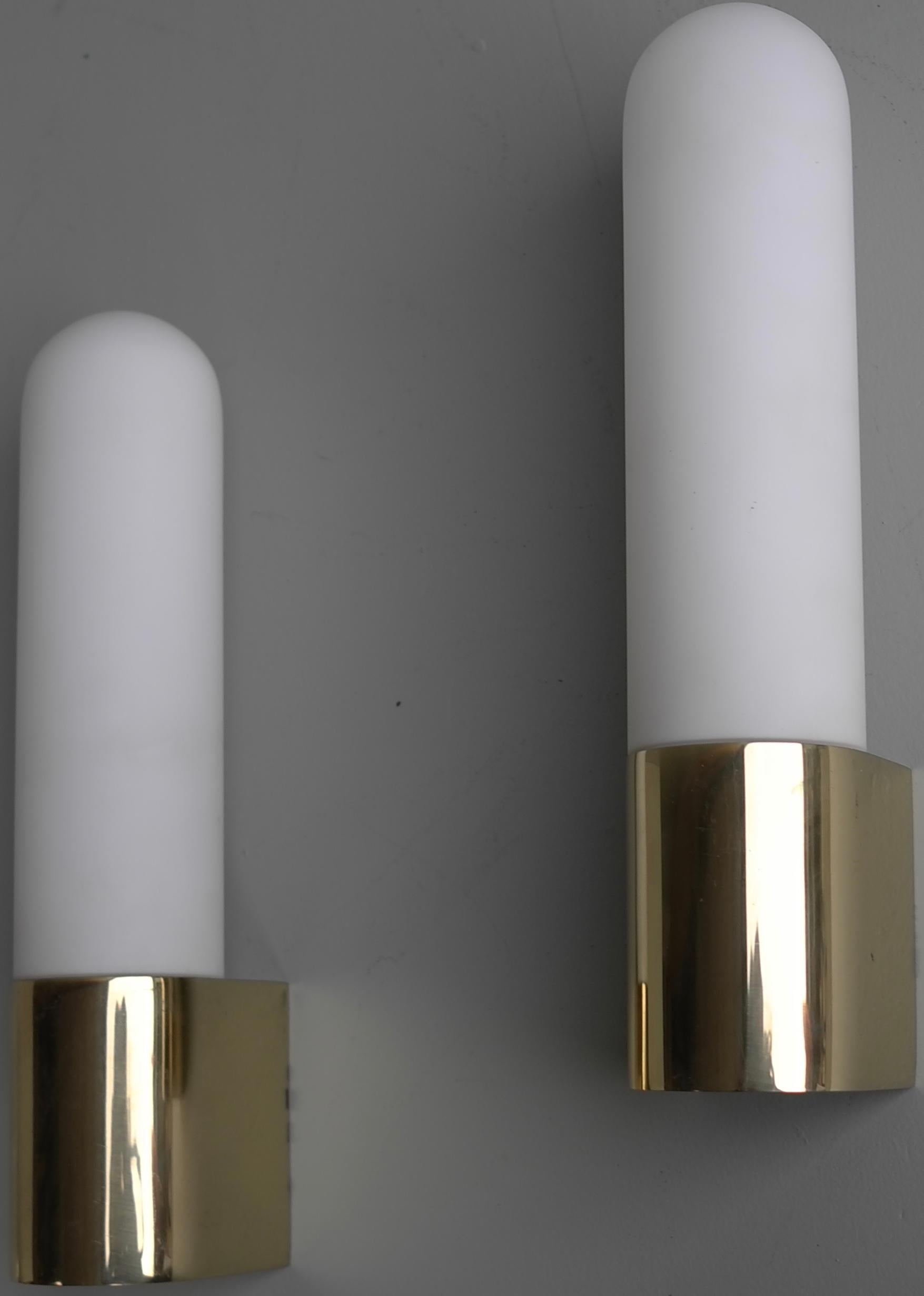 Pair of Monumental Brass and Opaline Glass Wall Lamps, 1970s In Good Condition For Sale In Den Haag, NL