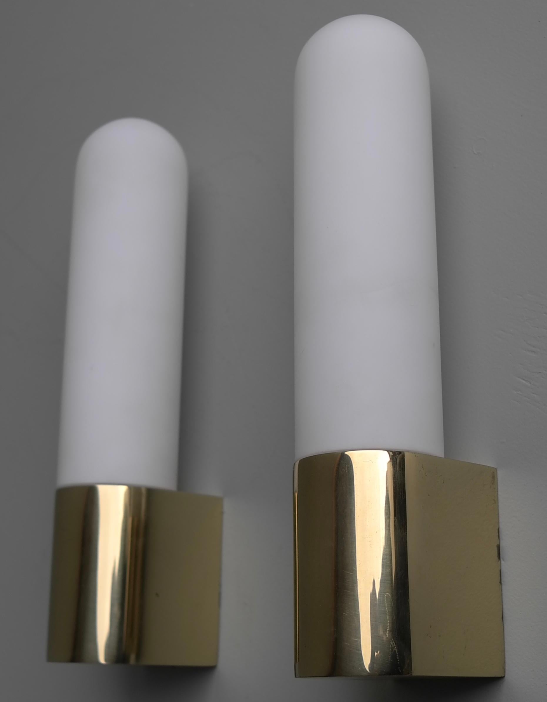 Pair of Monumental Brass and Opaline Glass Wall Lamps, 1970s For Sale 1