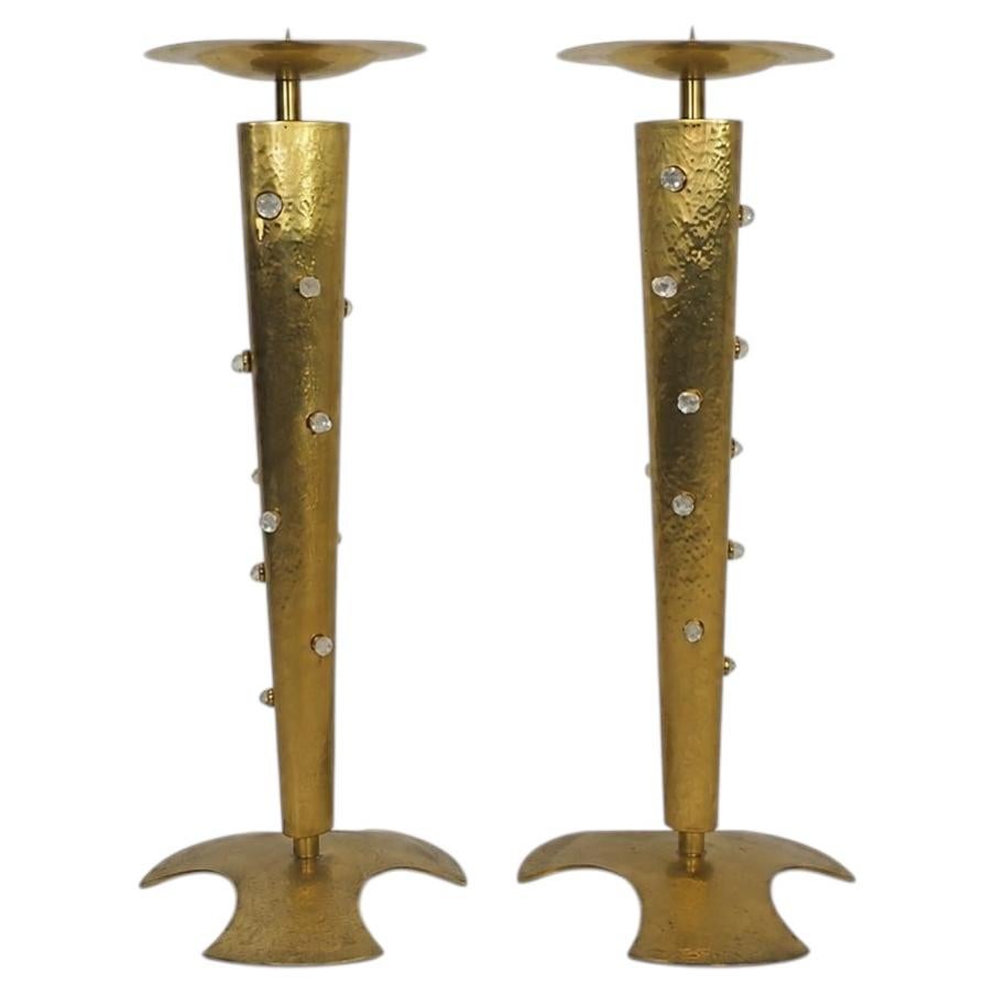 Pair of Monumental Brass Floor Candlesticks in the Hollywood Regency Taste For Sale