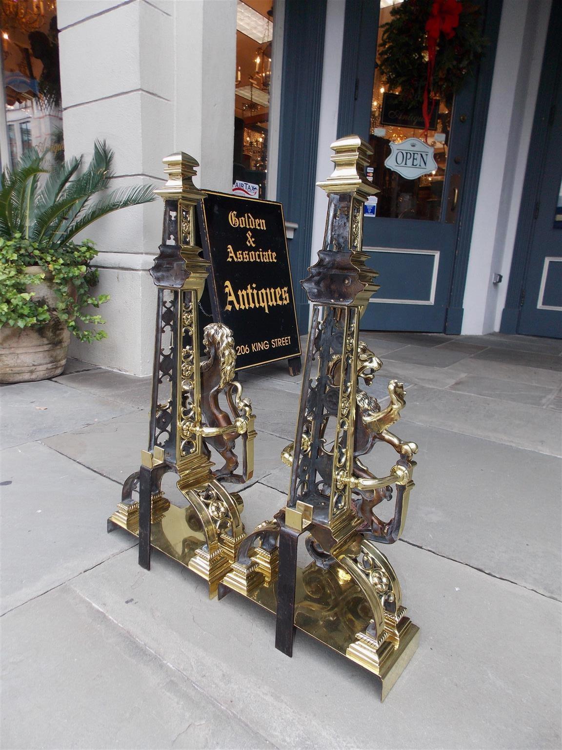 Pair of Monumental Brass Floral Medallion Flanking Lion Andirons, Circa 1830 3