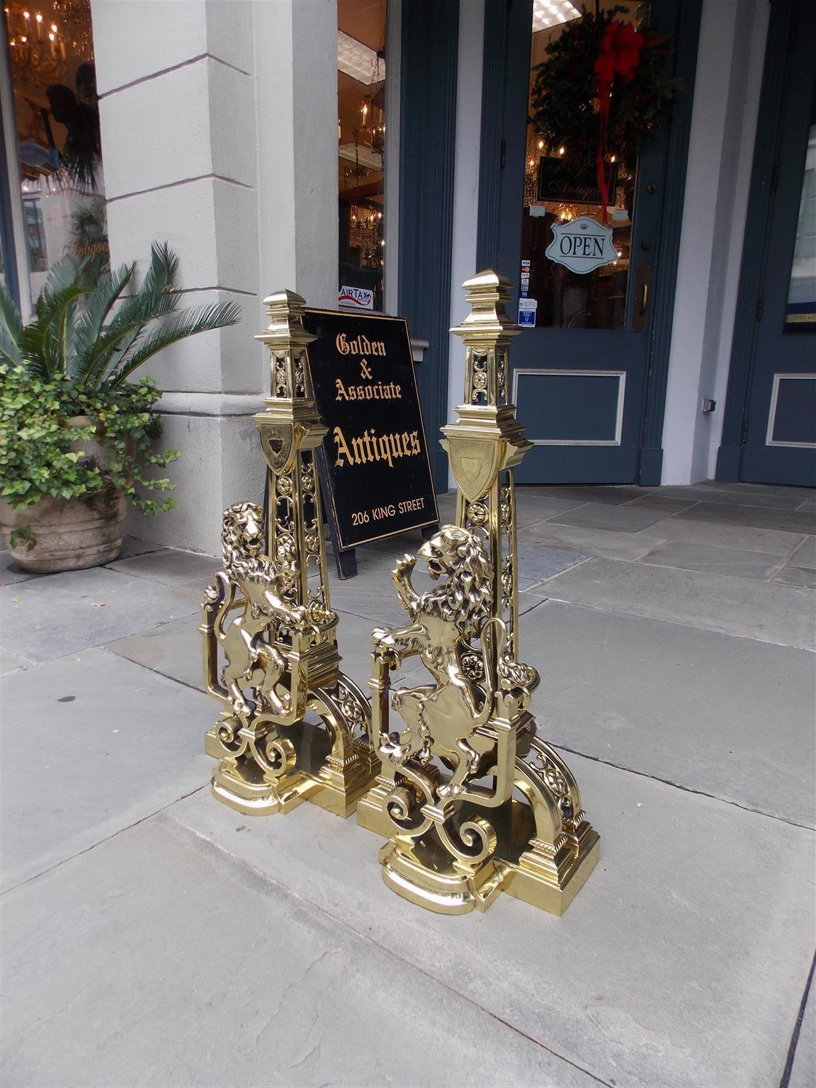 William IV Pair of Monumental Brass Floral Medallion Flanking Lion Andirons, Circa 1830