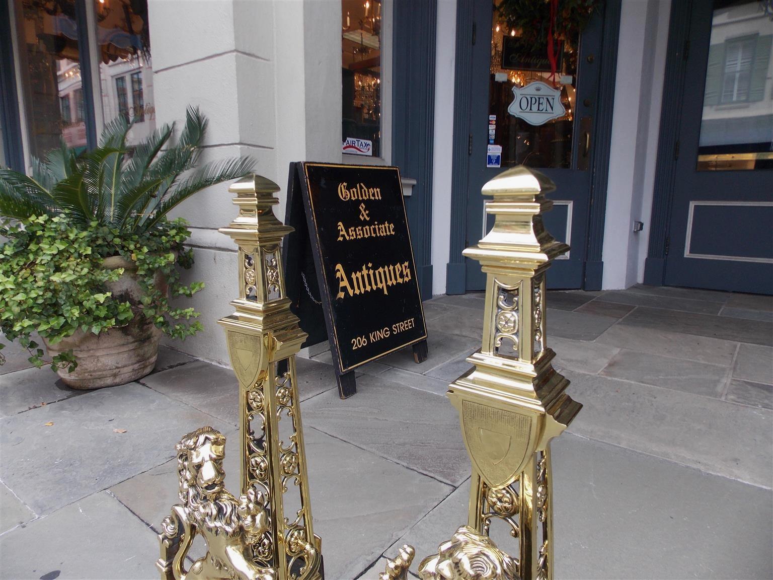 English Pair of Monumental Brass Floral Medallion Flanking Lion Andirons, Circa 1830