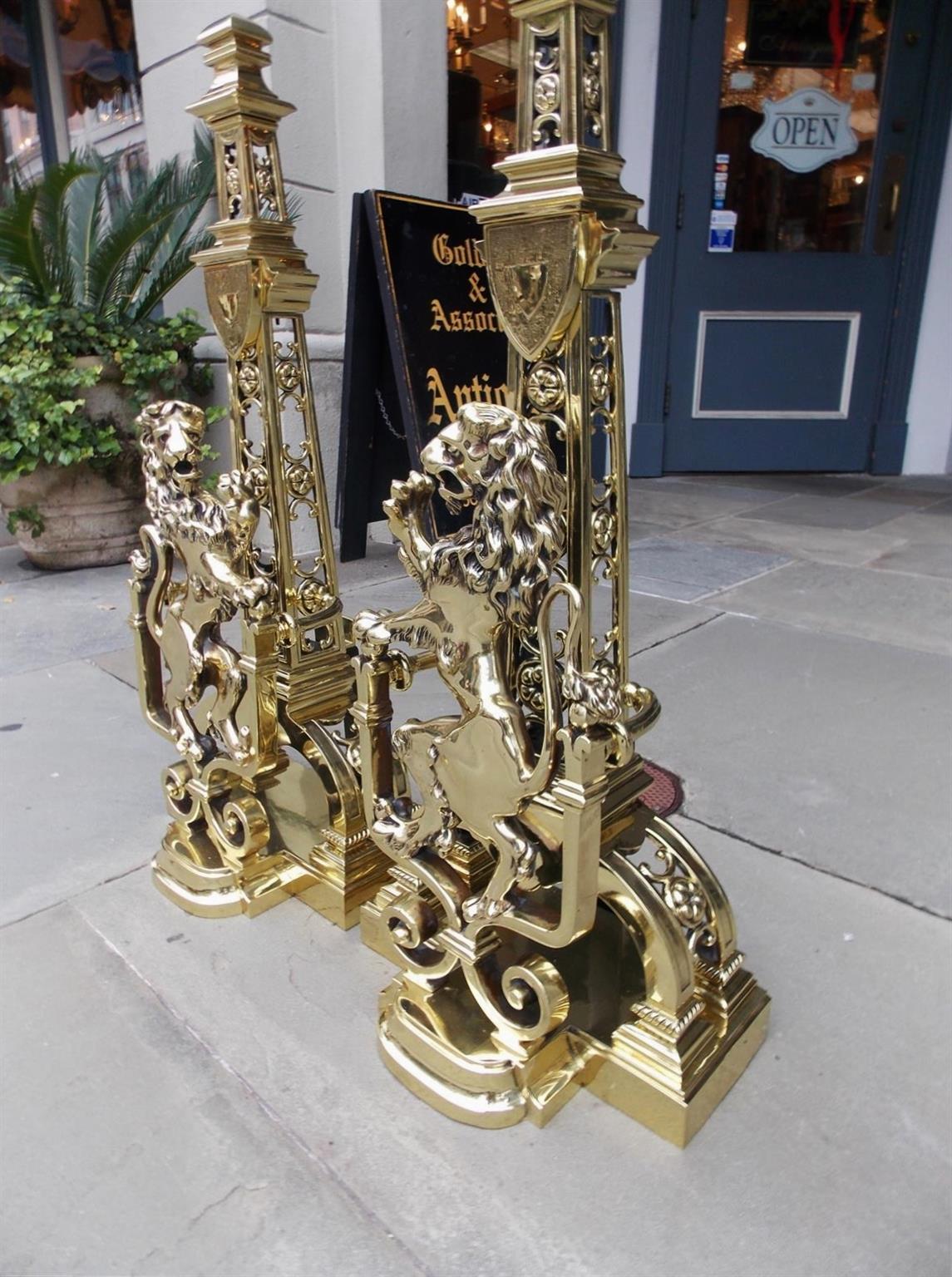 Cast Pair of Monumental Brass Floral Medallion Flanking Lion Andirons, Circa 1830
