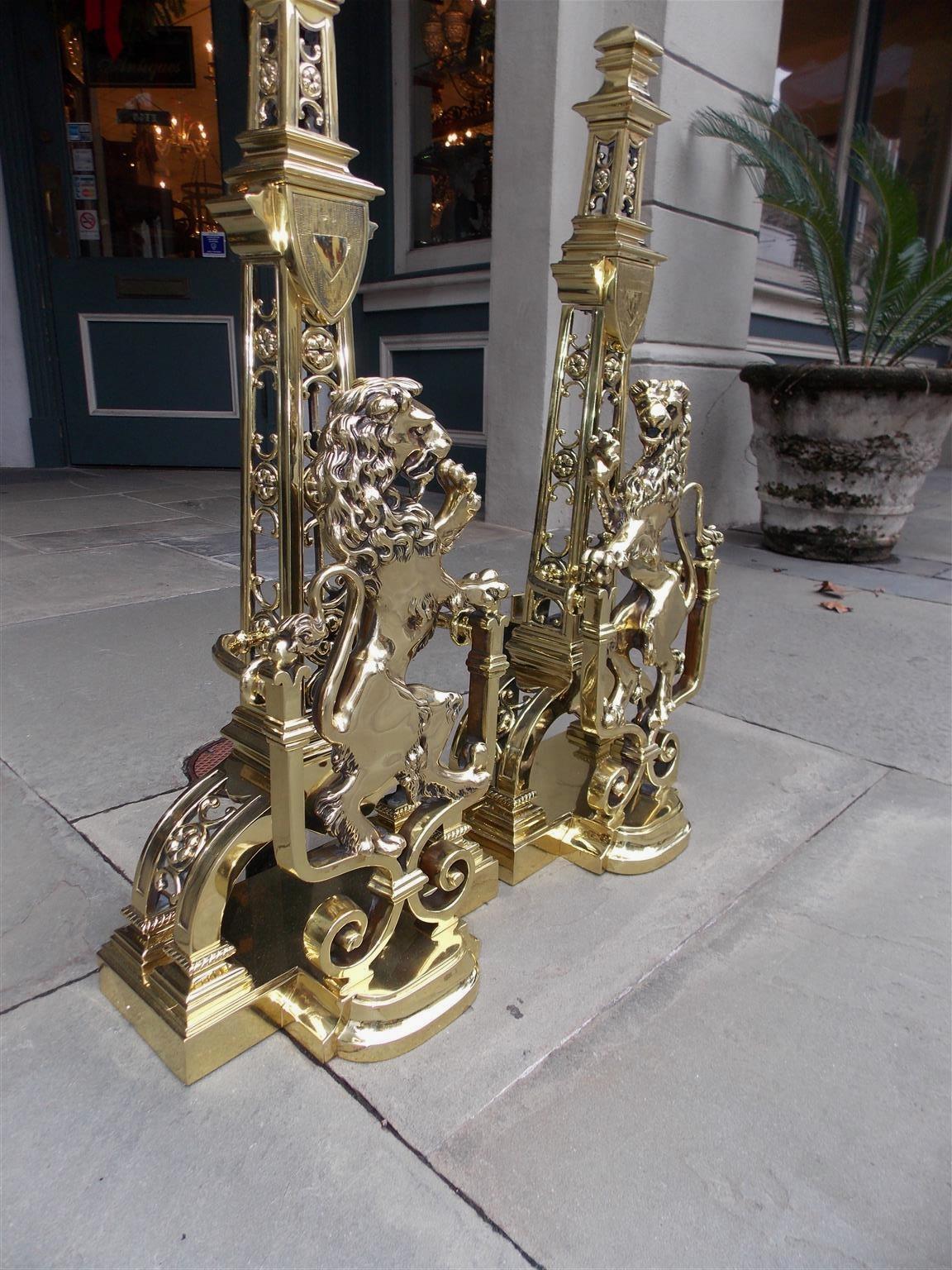 Pair of Monumental Brass Floral Medallion Flanking Lion Andirons, Circa 1830 In Excellent Condition In Charleston, SC