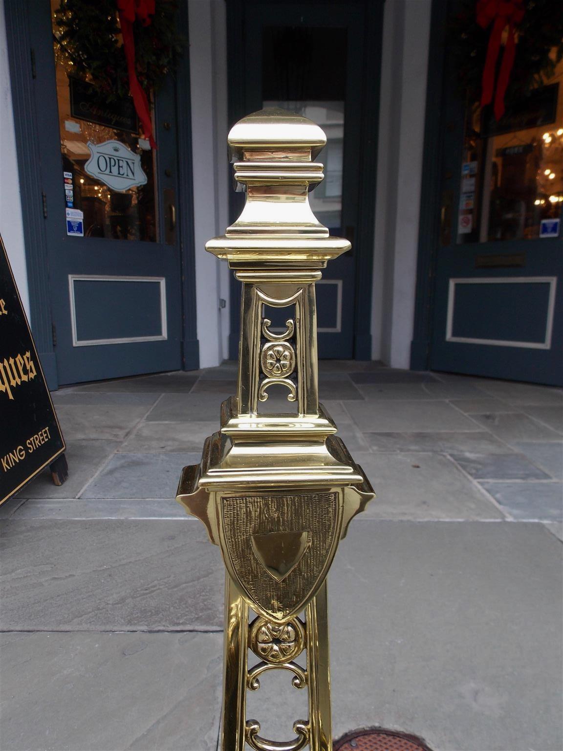 Mid-19th Century Pair of Monumental Brass Floral Medallion Flanking Lion Andirons, Circa 1830