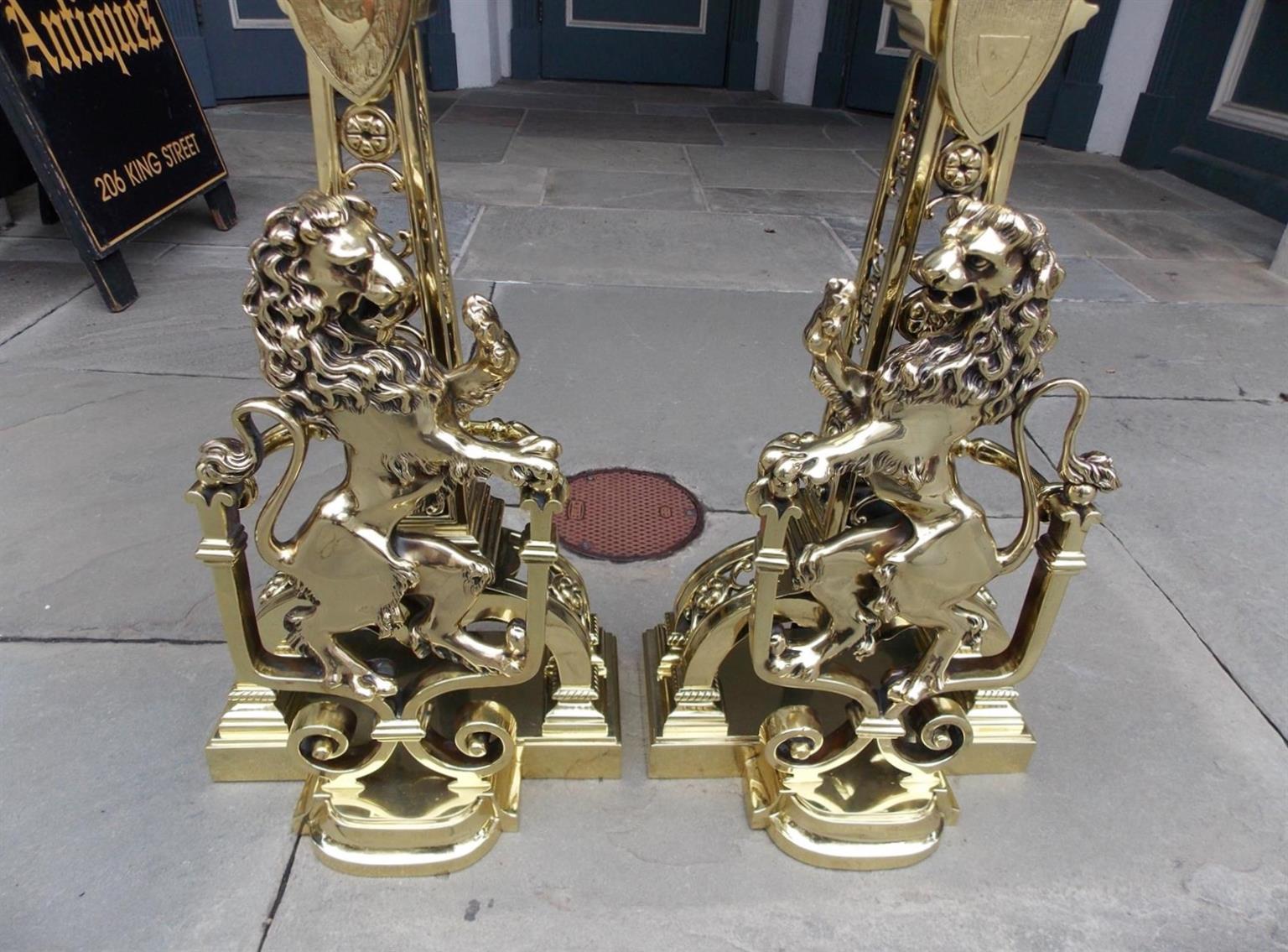 Pair of Monumental Brass Floral Medallion Flanking Lion Andirons, Circa 1830 1
