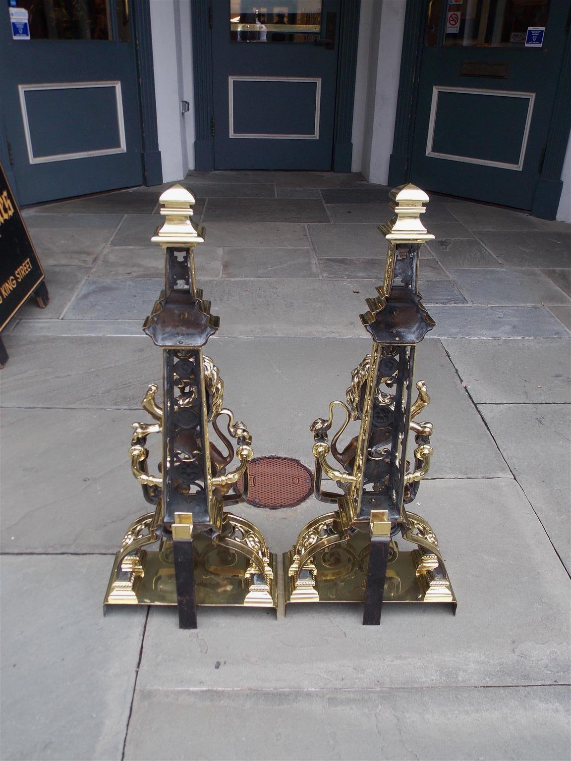 Pair of Monumental Brass Floral Medallion Flanking Lion Andirons, Circa 1830 2
