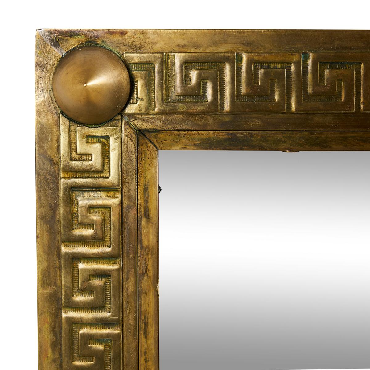 French Pair of Monumental Brass Mirrors with Greek Key Detailing and Studs, circa 1970 For Sale