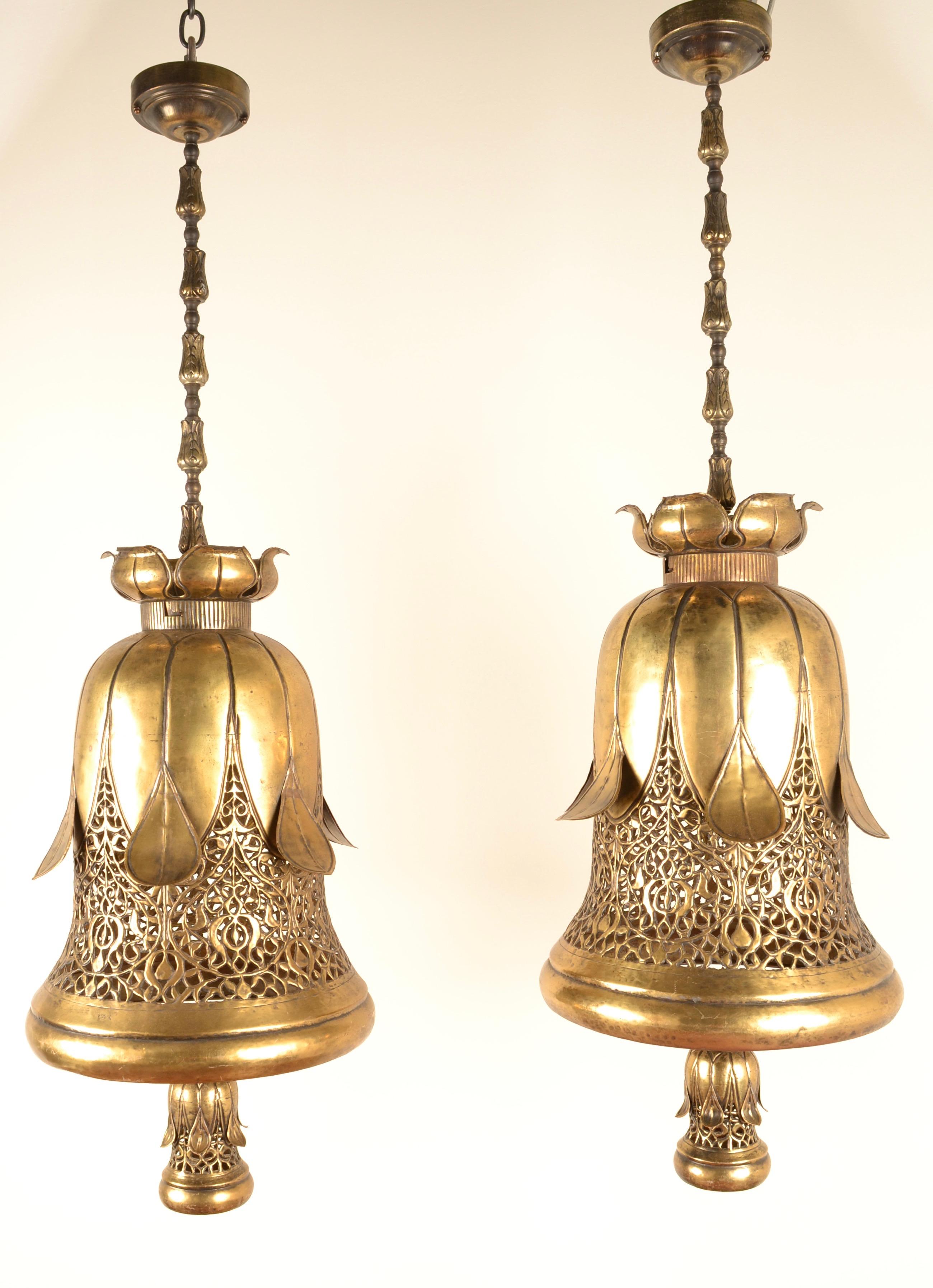 Hollywood Regency Pair of Monumental Brass Pendants, India, Circa 1960s