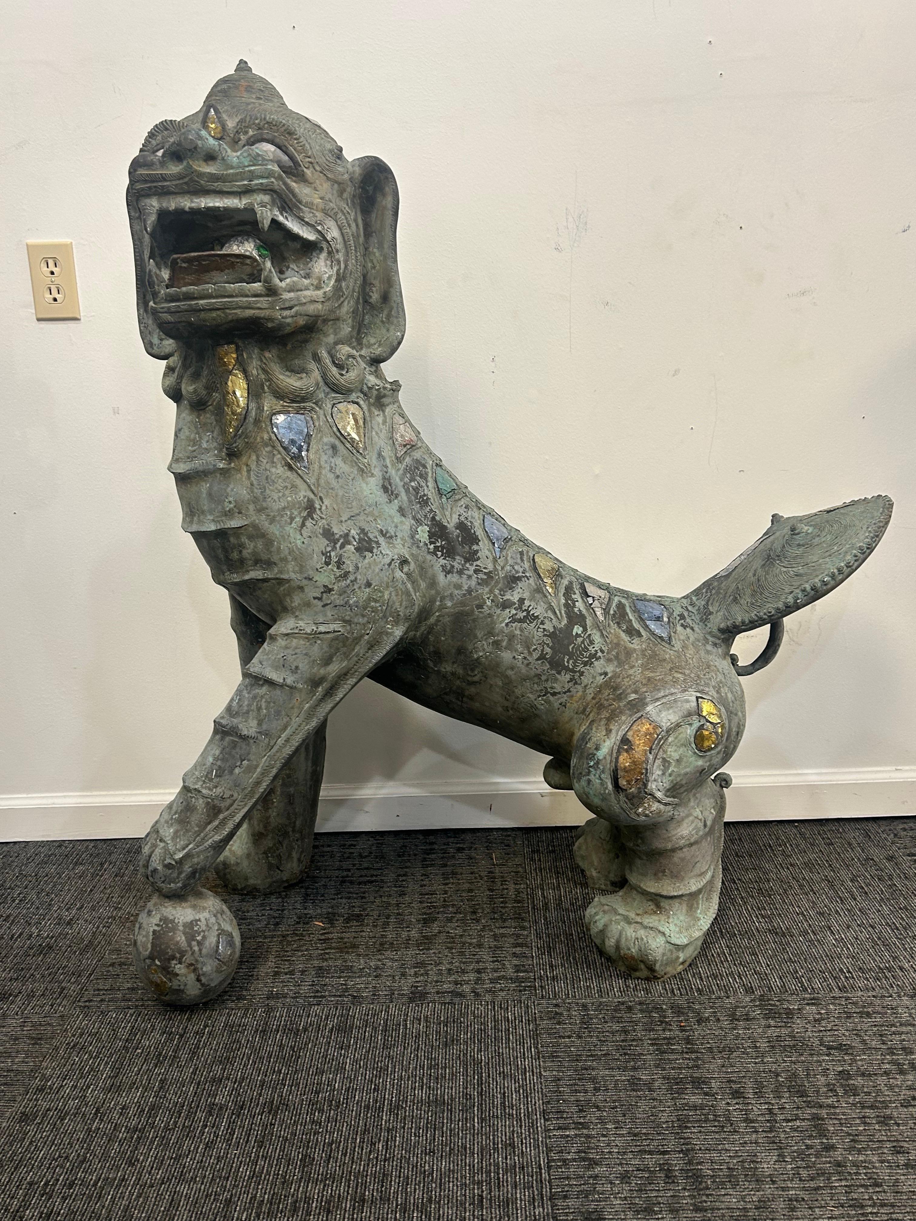 Pair of monumental bronze Foo Dogs For Sale 4