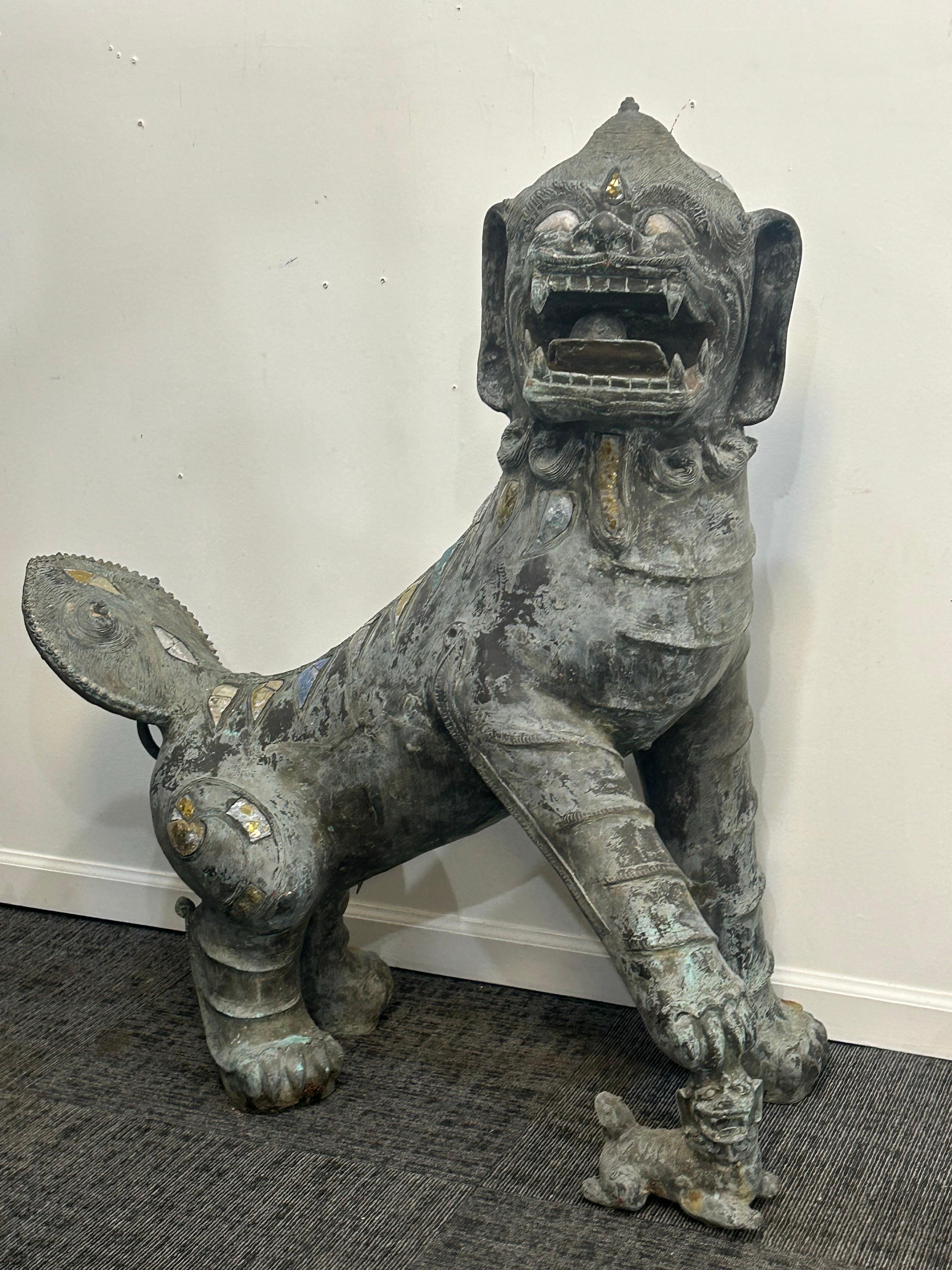 Pair of monumental bronze Foo Dogs For Sale 8