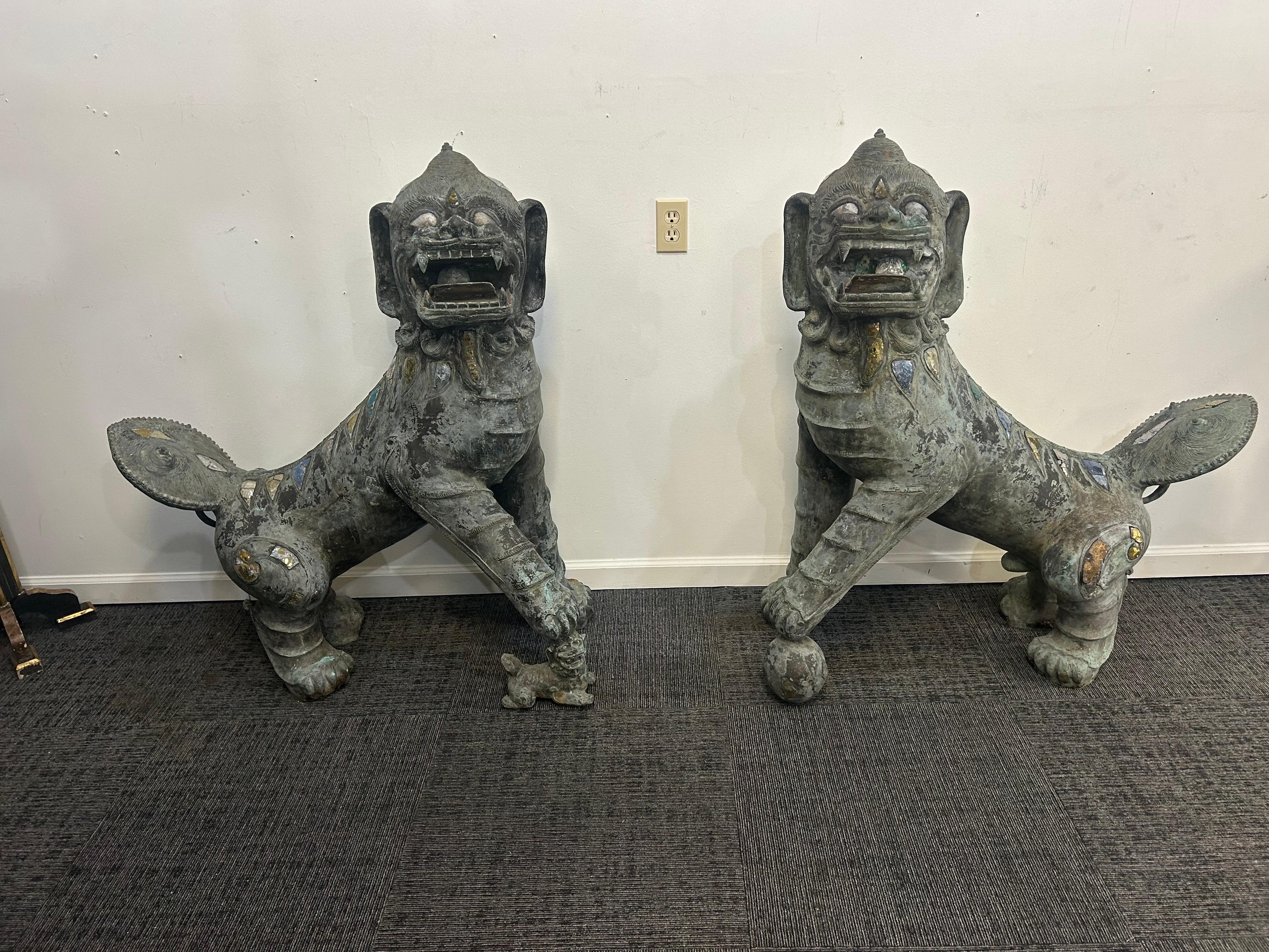 Pair of monumental bronze Foo Dogs For Sale 9