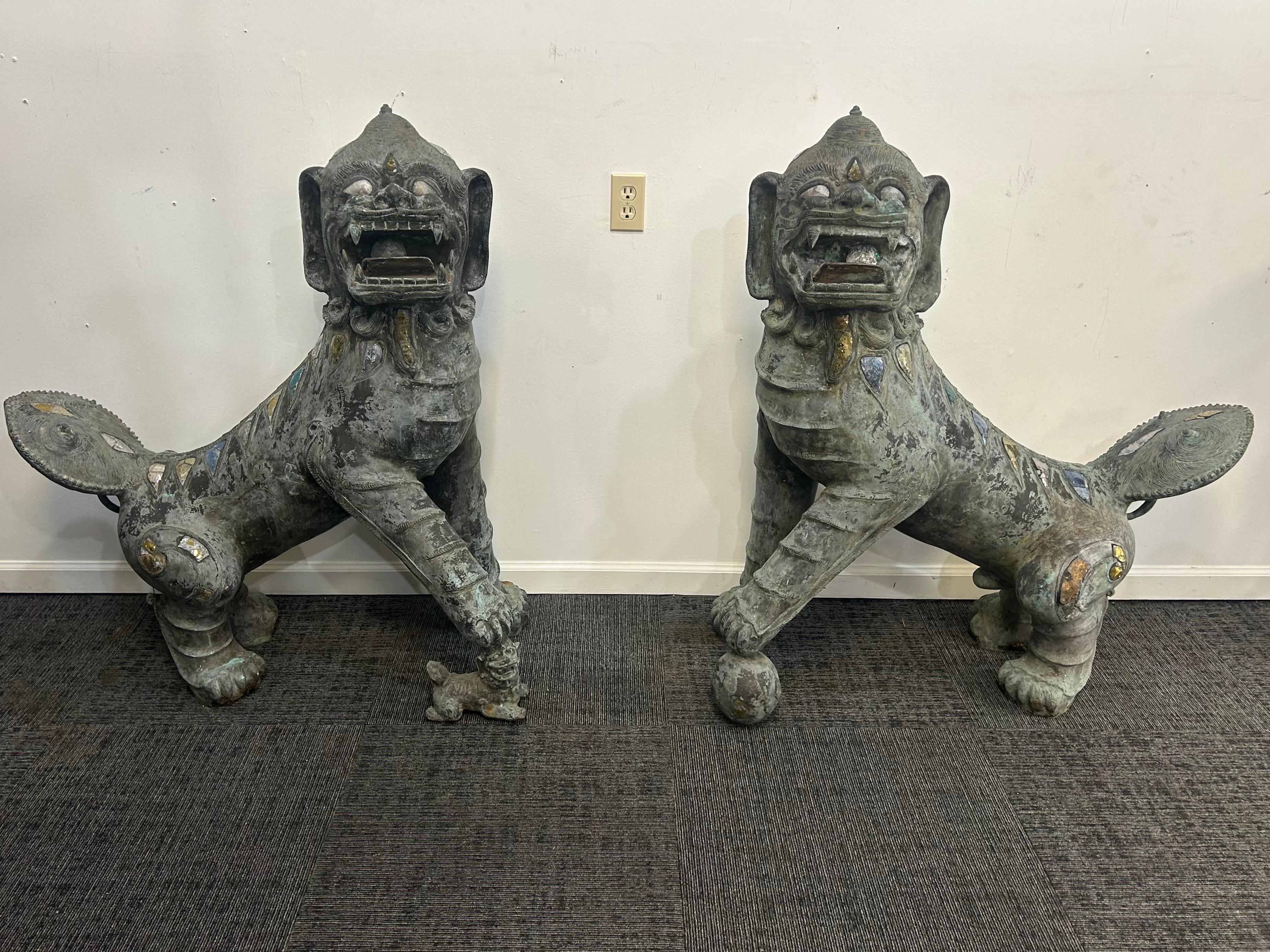 Pair of monumental bronze Foo Dogs For Sale 11