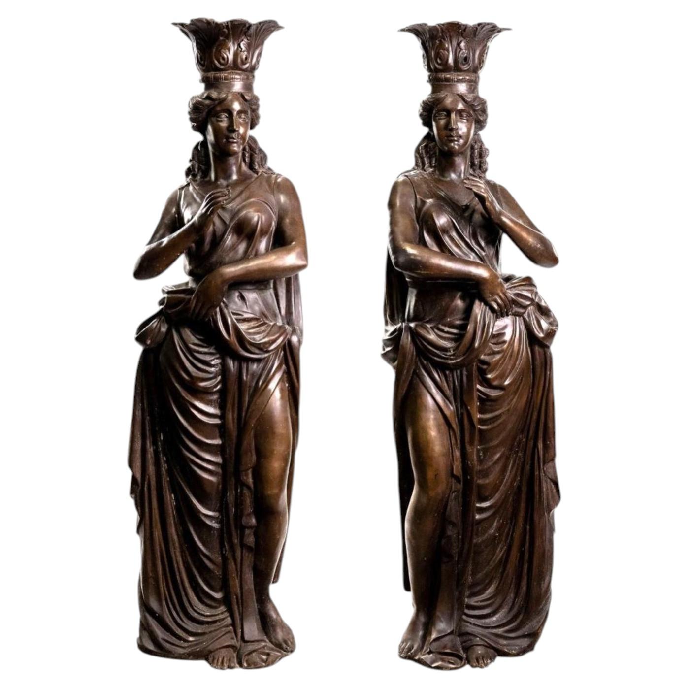 Pair of Monumental Bronze Greek Caryatids, Naples, Italy, 1980s