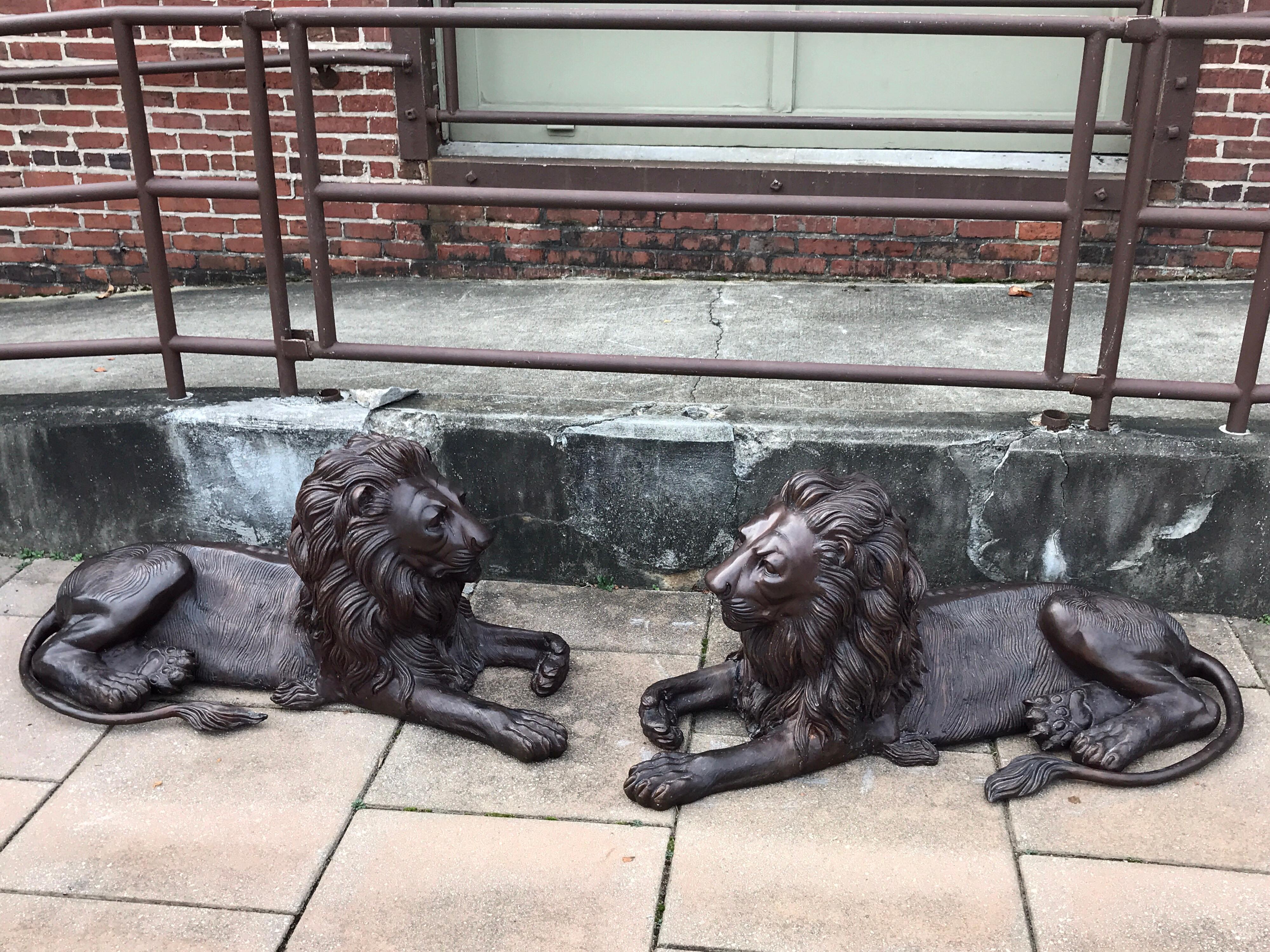 Pair of Monumental Bronze Recumbent Lions 3