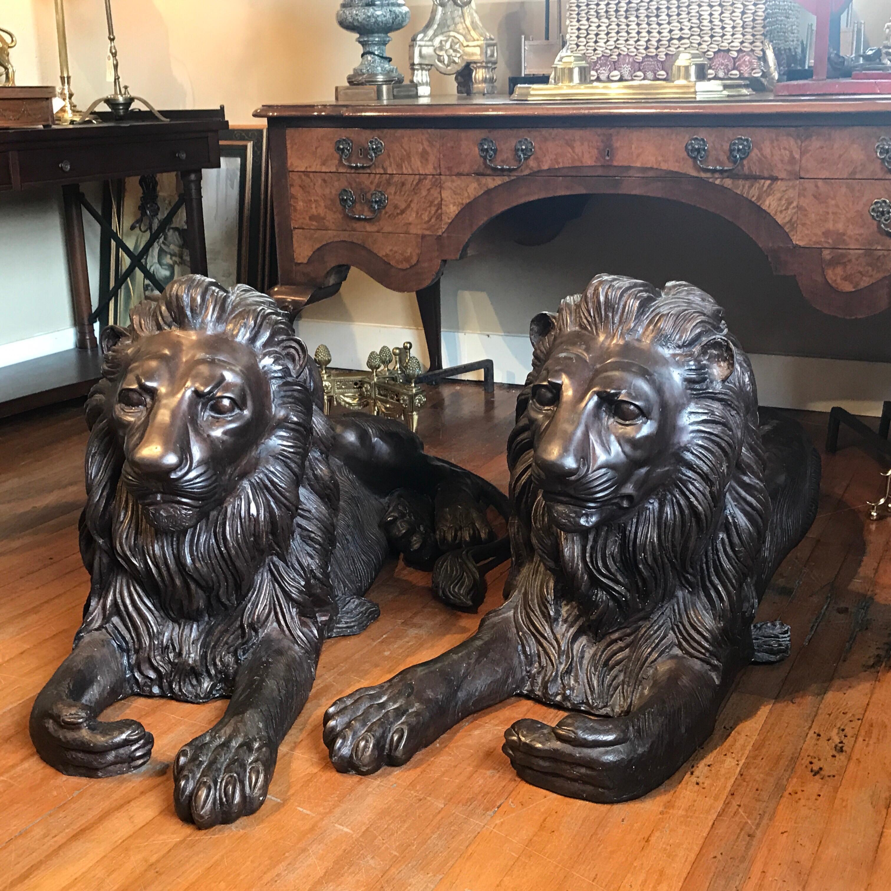 Pair of Monumental Bronze Recumbent Lions 4