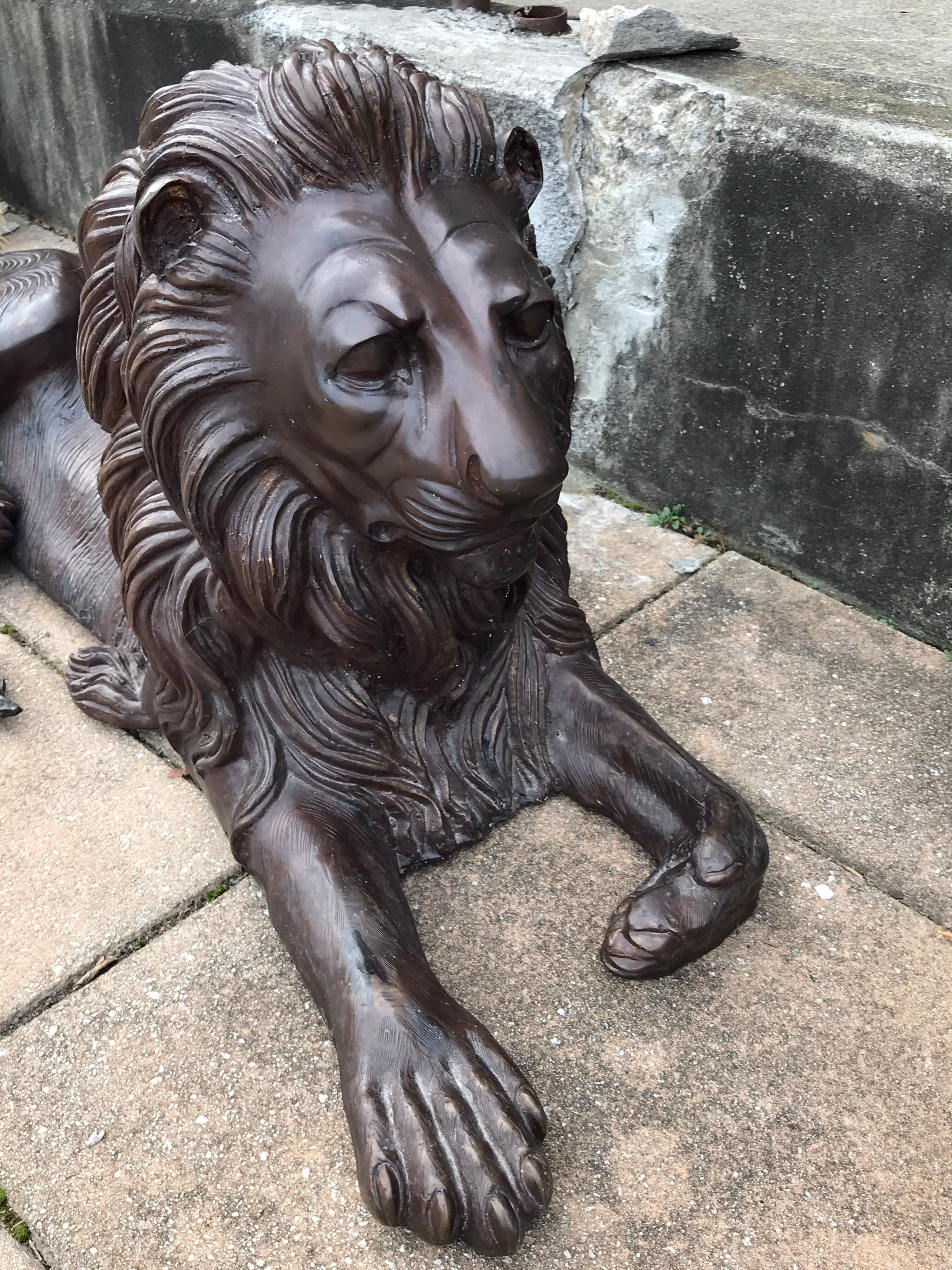 Cast Pair of Monumental Bronze Recumbent Lions