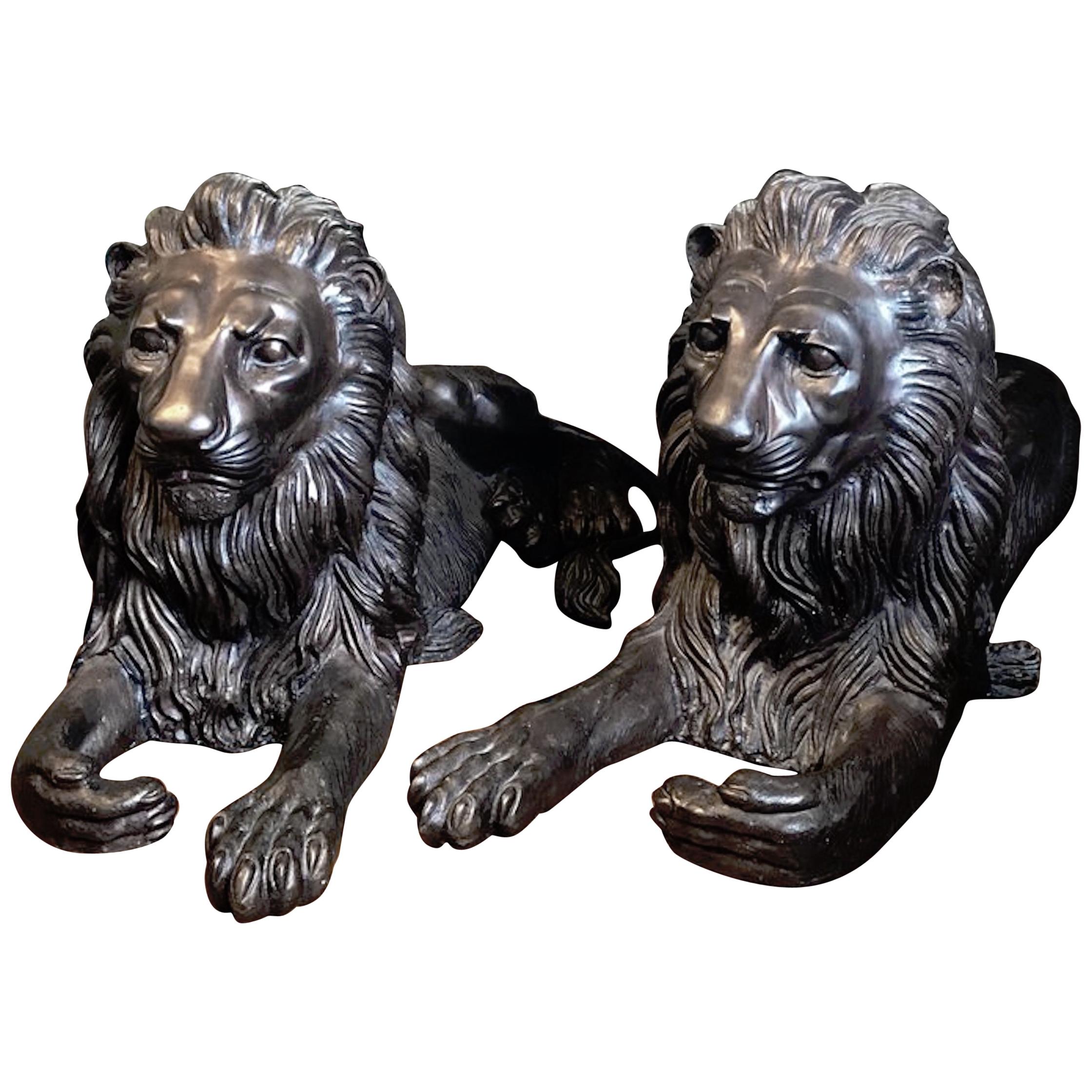 Pair of Monumental Bronze Recumbent Lions