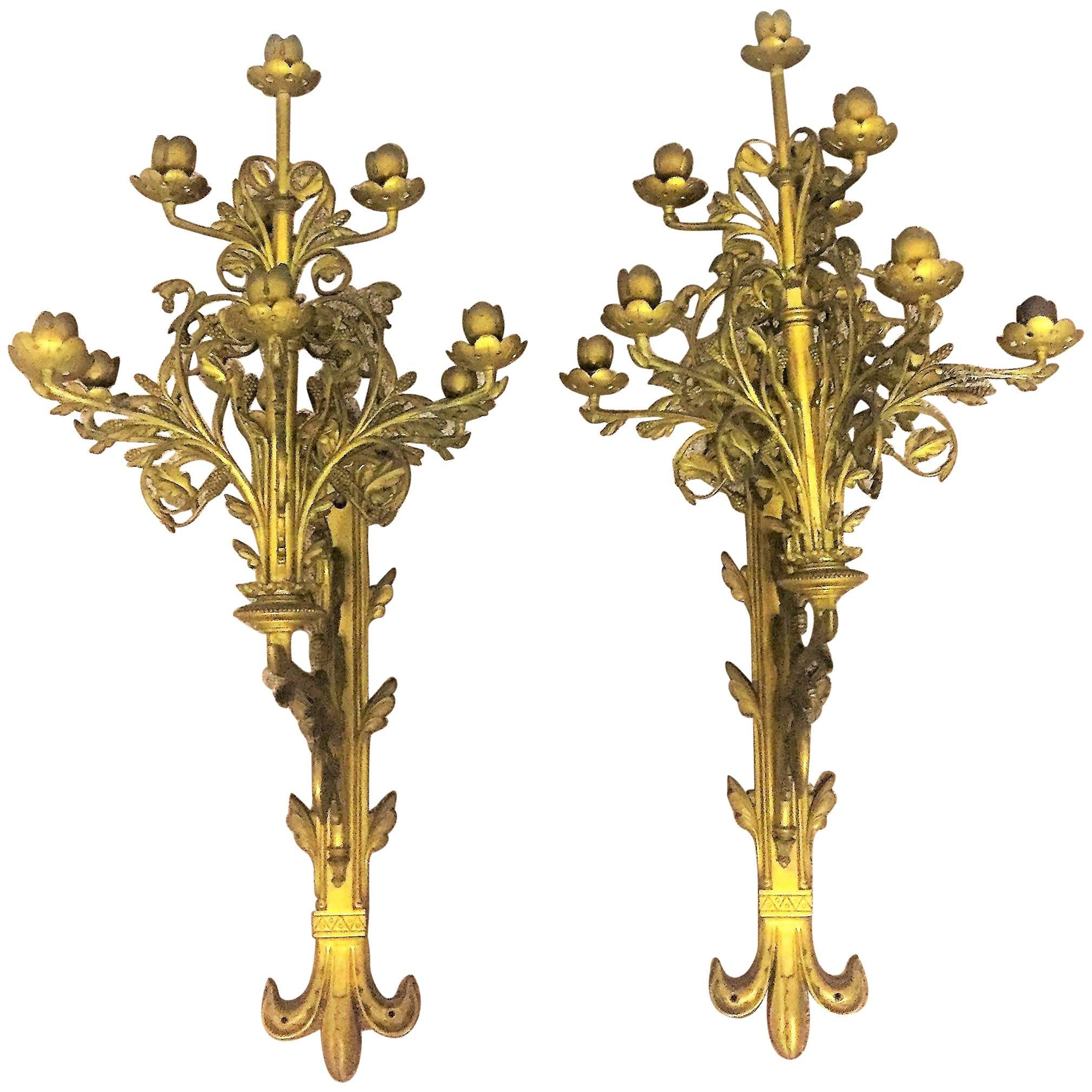 Pair of Monumental  Bronze Wall Sconces, France, 19th Century