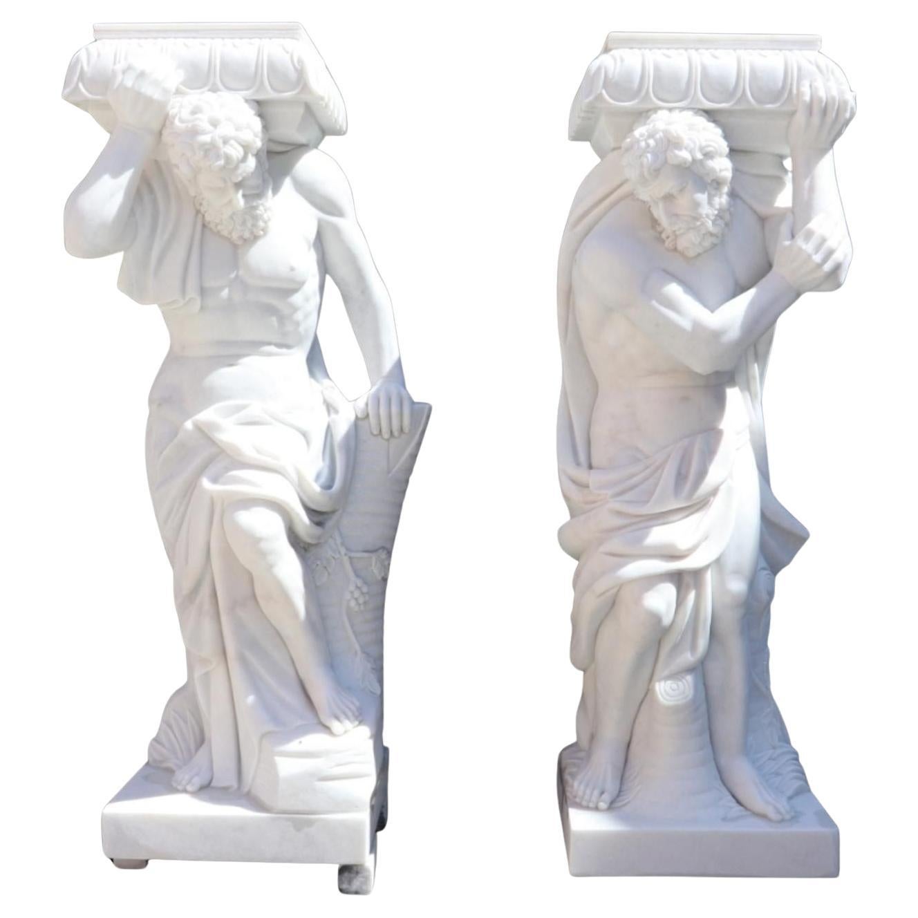 Pair of Monumental Carrara Marble Atlas Sculptures, Italy 200 cm