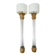 Pair of Wood and Lucite Floor Lamps with Corinthian Captials.