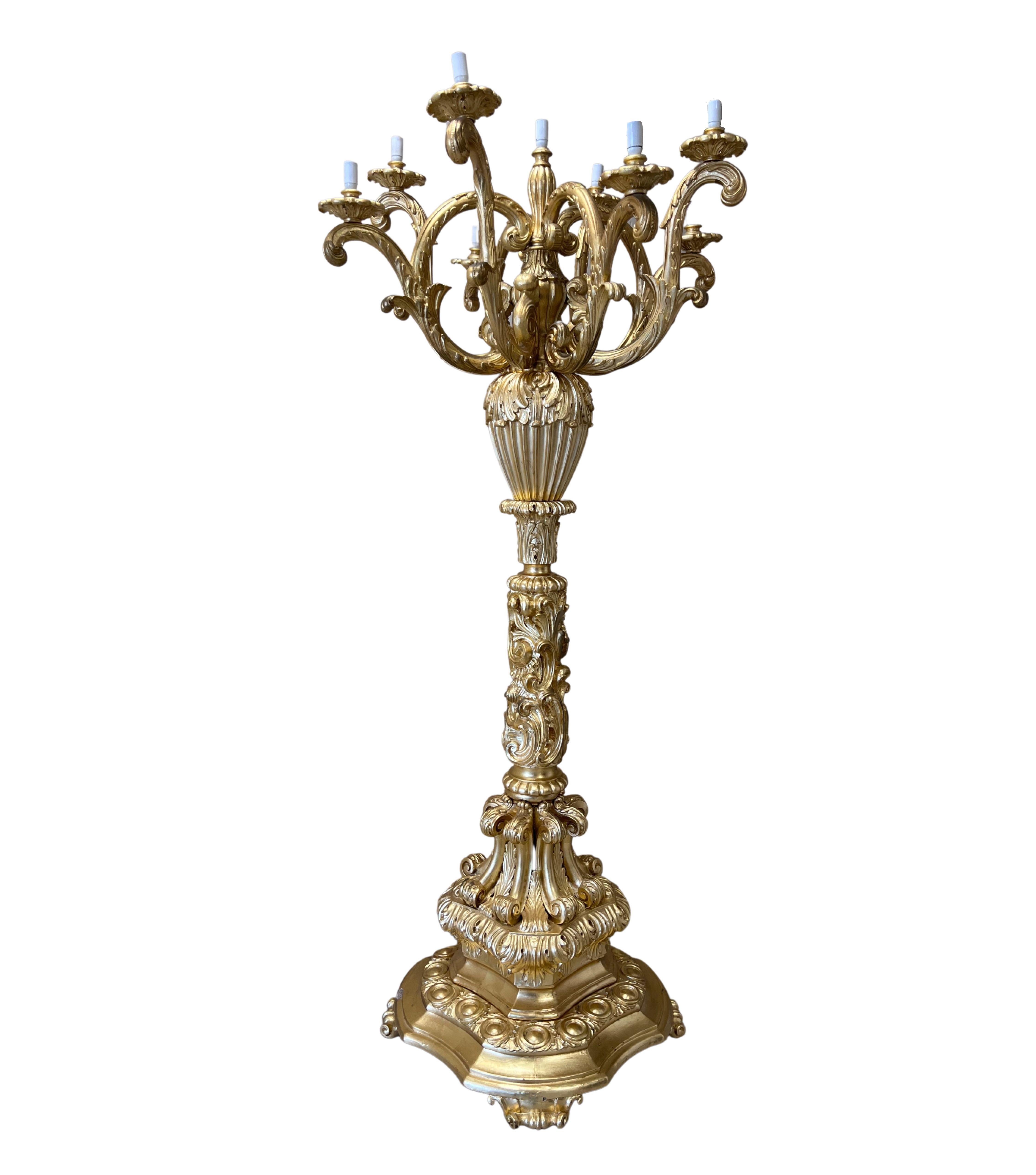 Pair of Monumental Carved Wood Candelabra In Excellent Condition For Sale In Budapest, HU