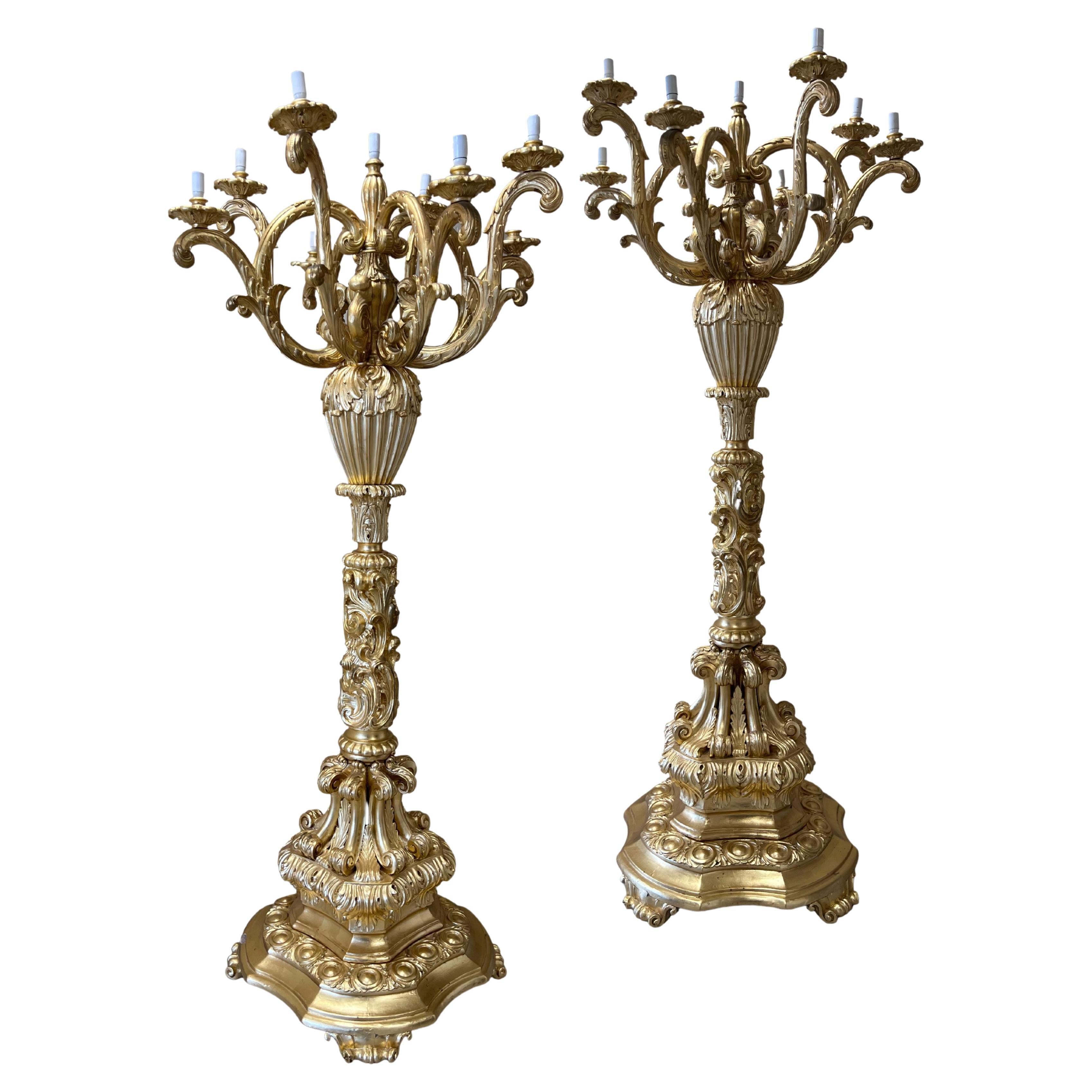 Pair of Monumental Carved Wood Candelabra