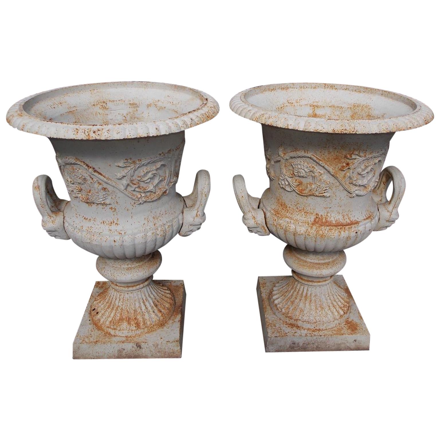 Pair of English Monumental Cast Iron and Painted Campana-Form Urns, Circa 1850