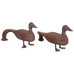 Pair of Monumental Cast Iron Duck Andirons