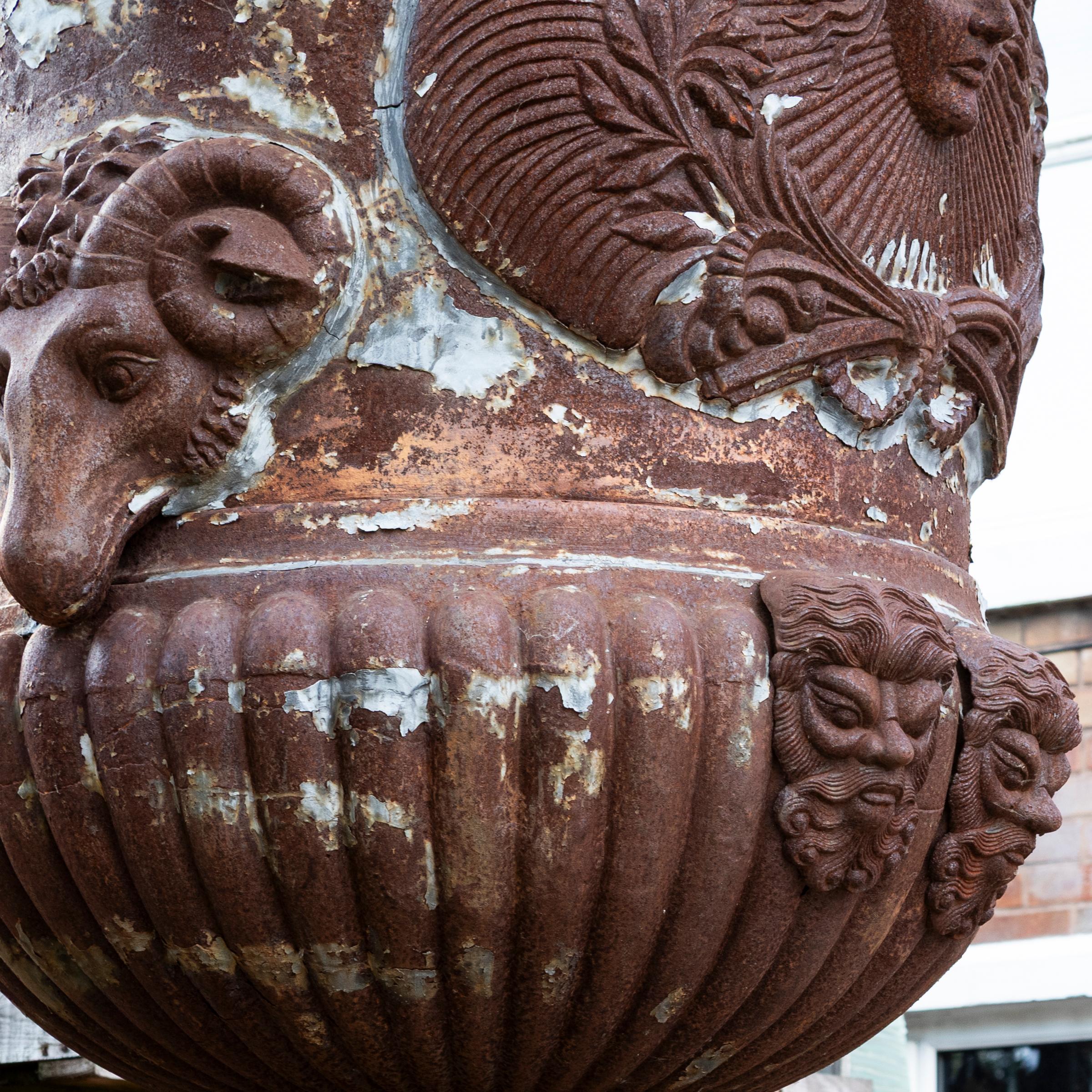 Pair of Monumental Cast Iron Urns on Plinths For Sale 6