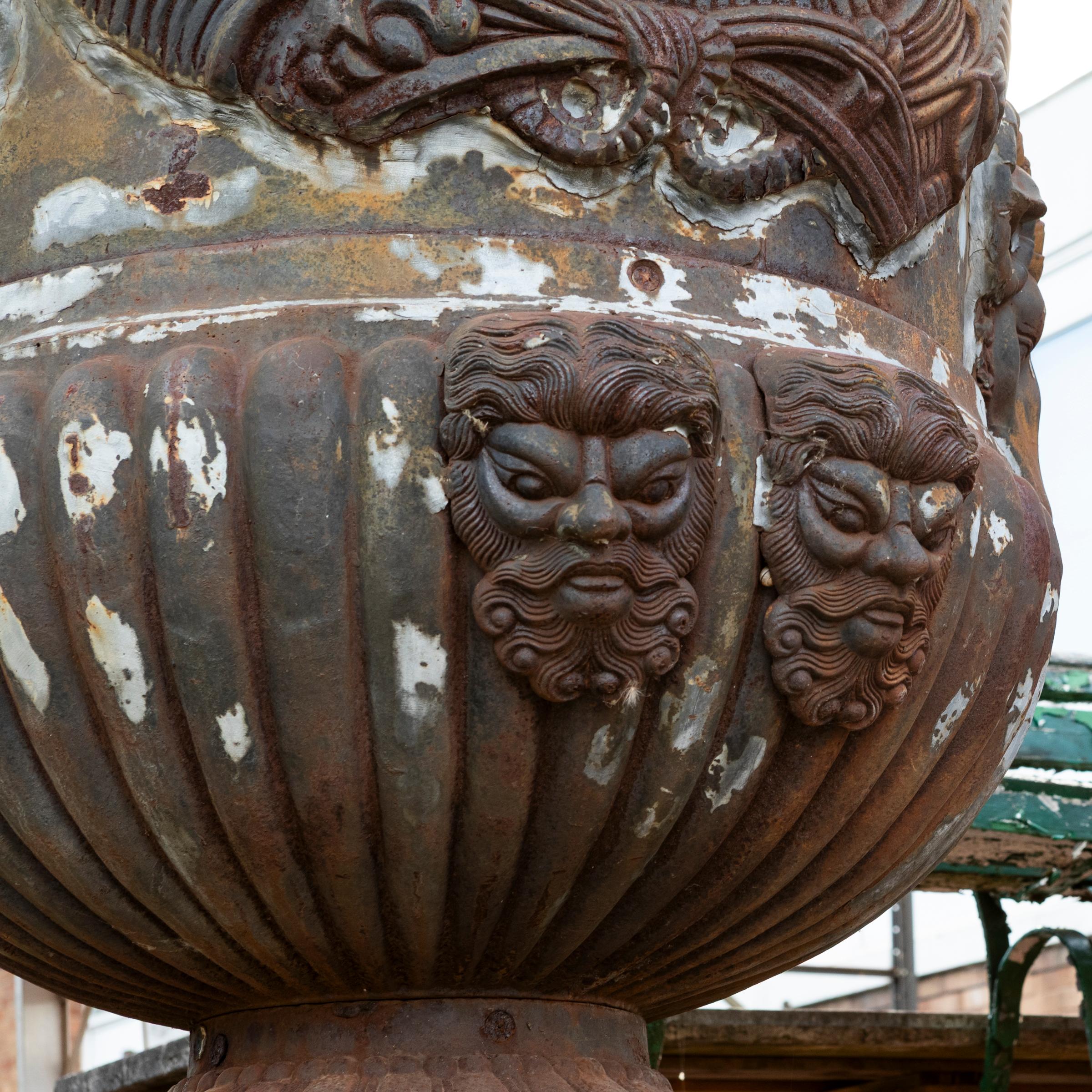 Pair of Monumental Cast Iron Urns on Plinths For Sale 7