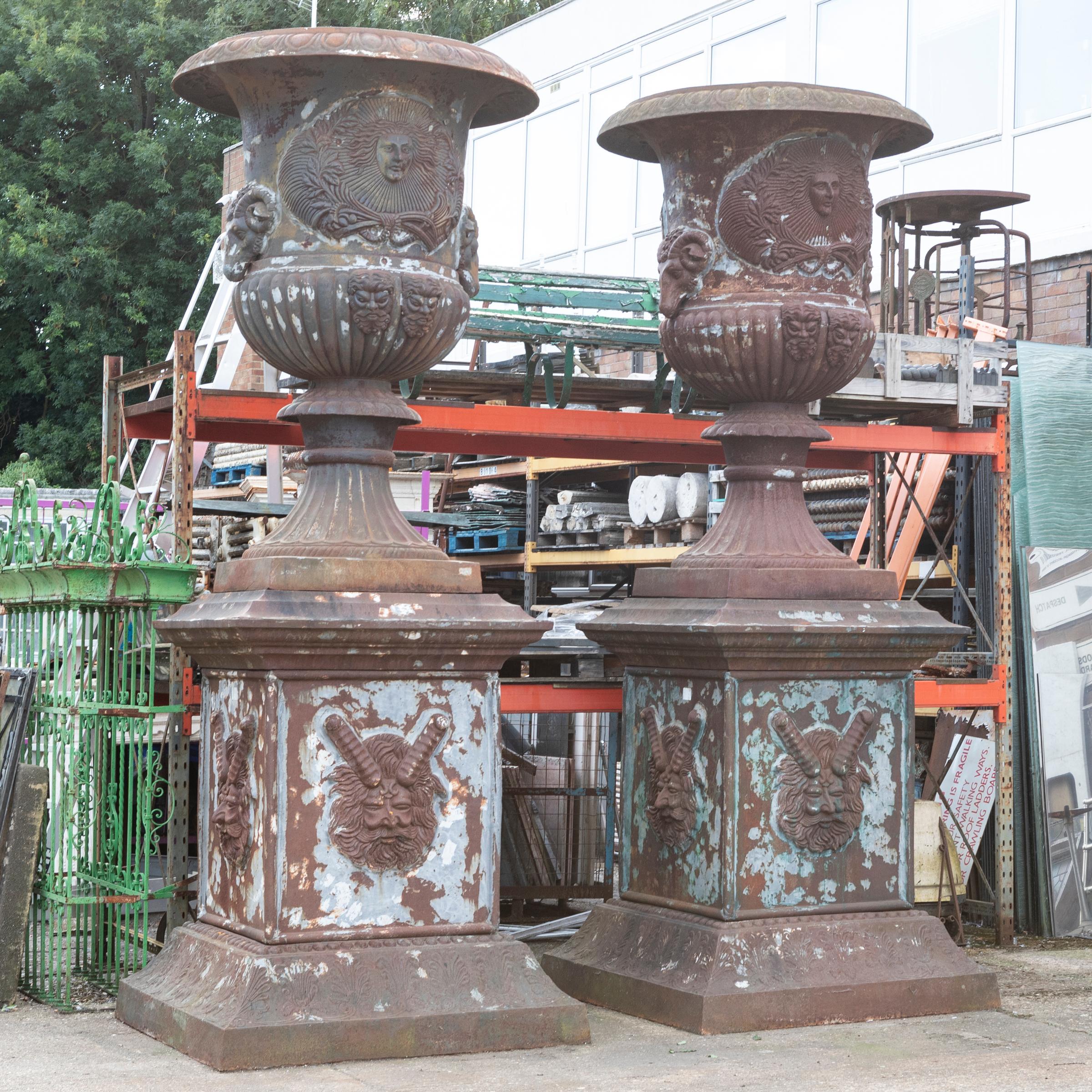 20th Century Pair of Monumental Cast Iron Urns on Plinths For Sale