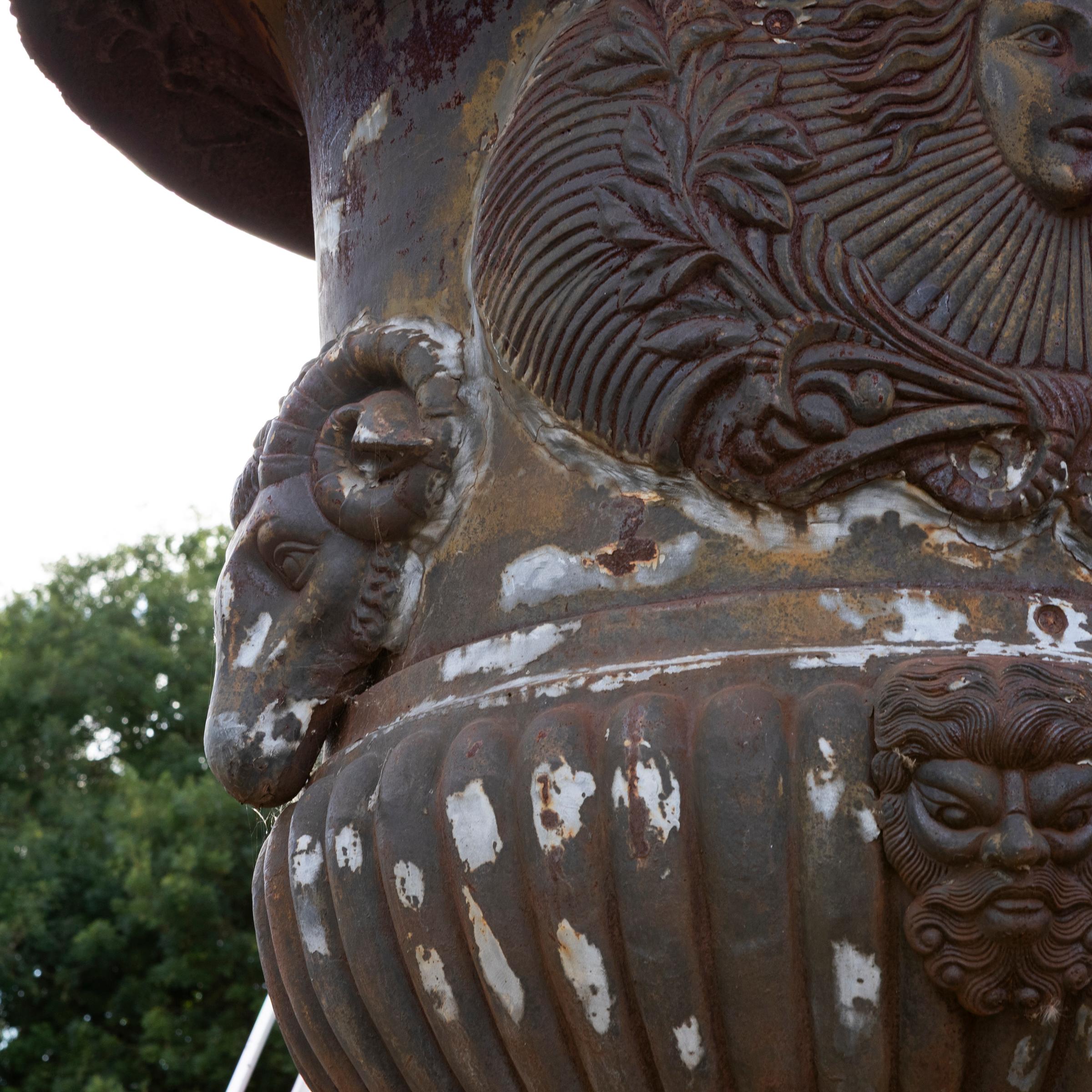 Pair of Monumental Cast Iron Urns on Plinths For Sale 3