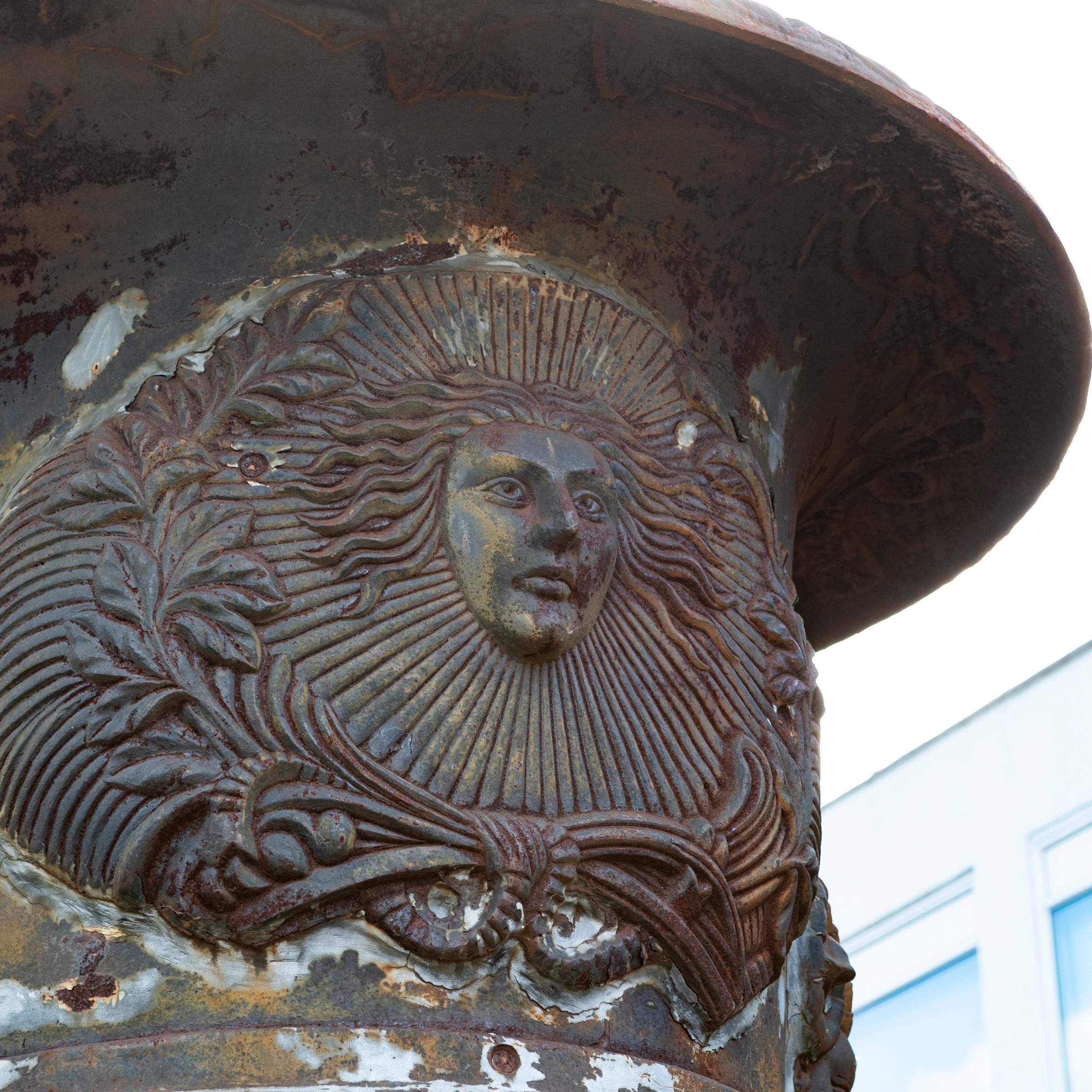 Pair of Monumental Cast Iron Urns on Plinths For Sale 4