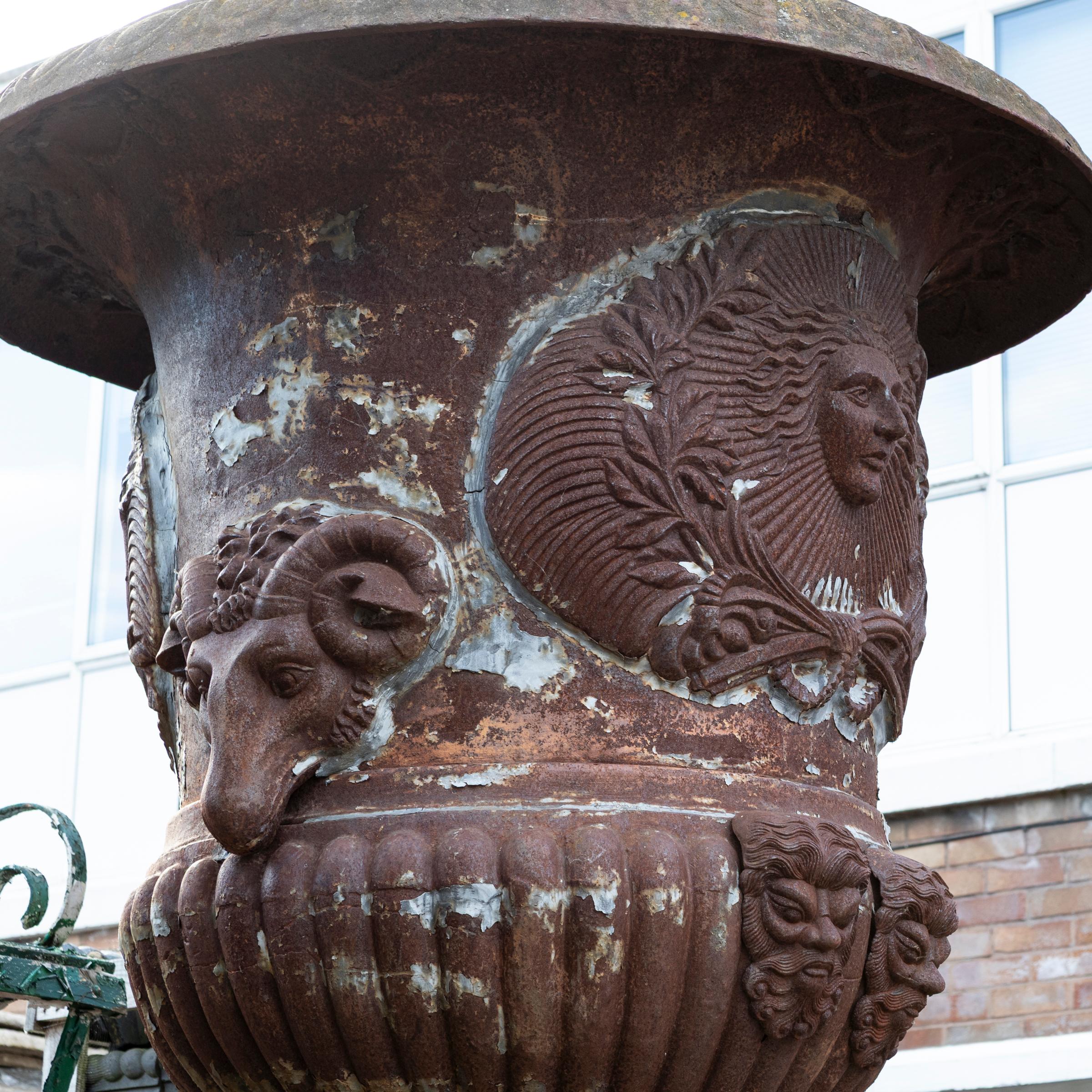 Pair of Monumental Cast Iron Urns on Plinths For Sale 5