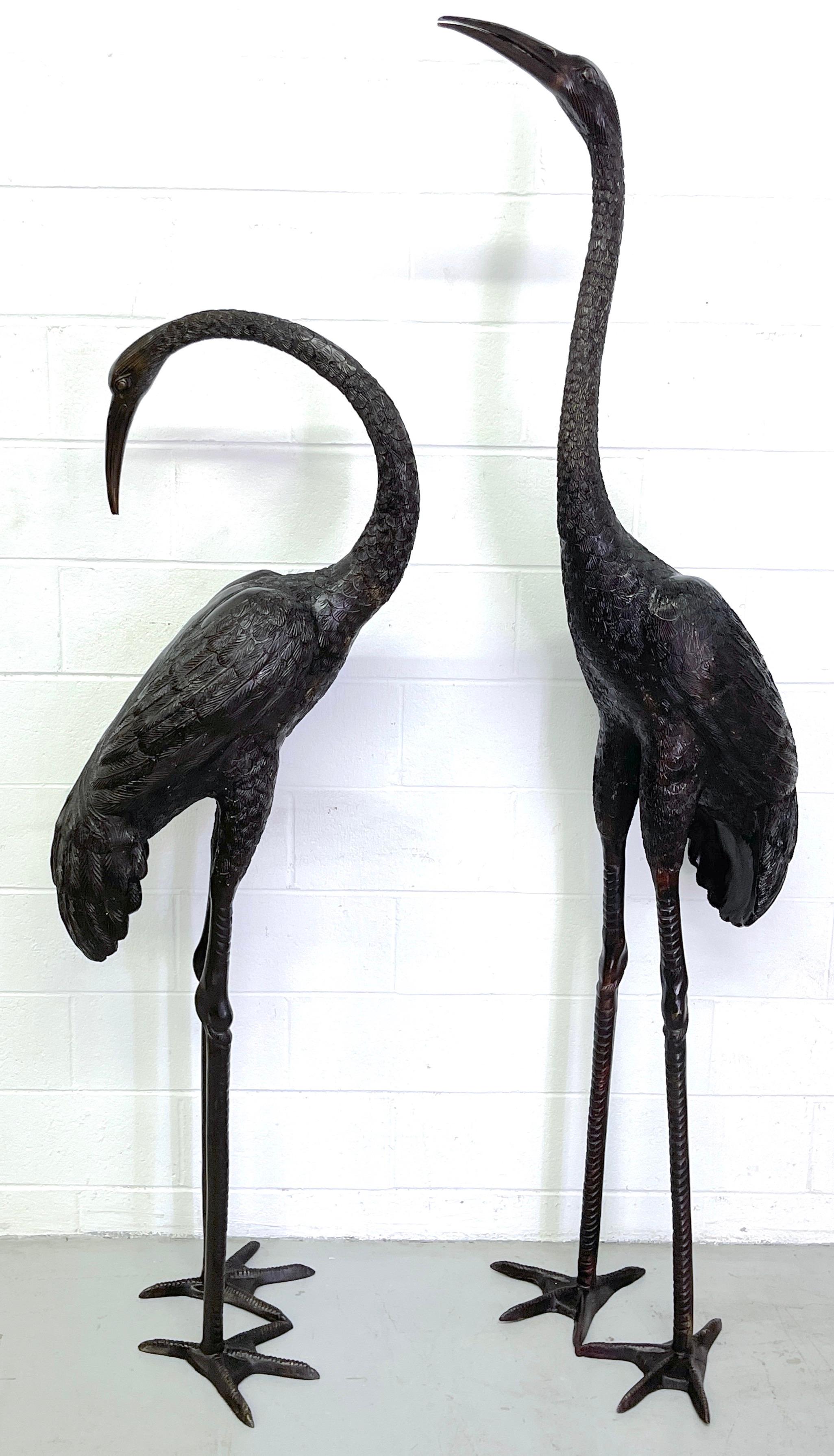 Pair of Monumental Cast and Patinated Bronze Figures of Standing Cranes ...