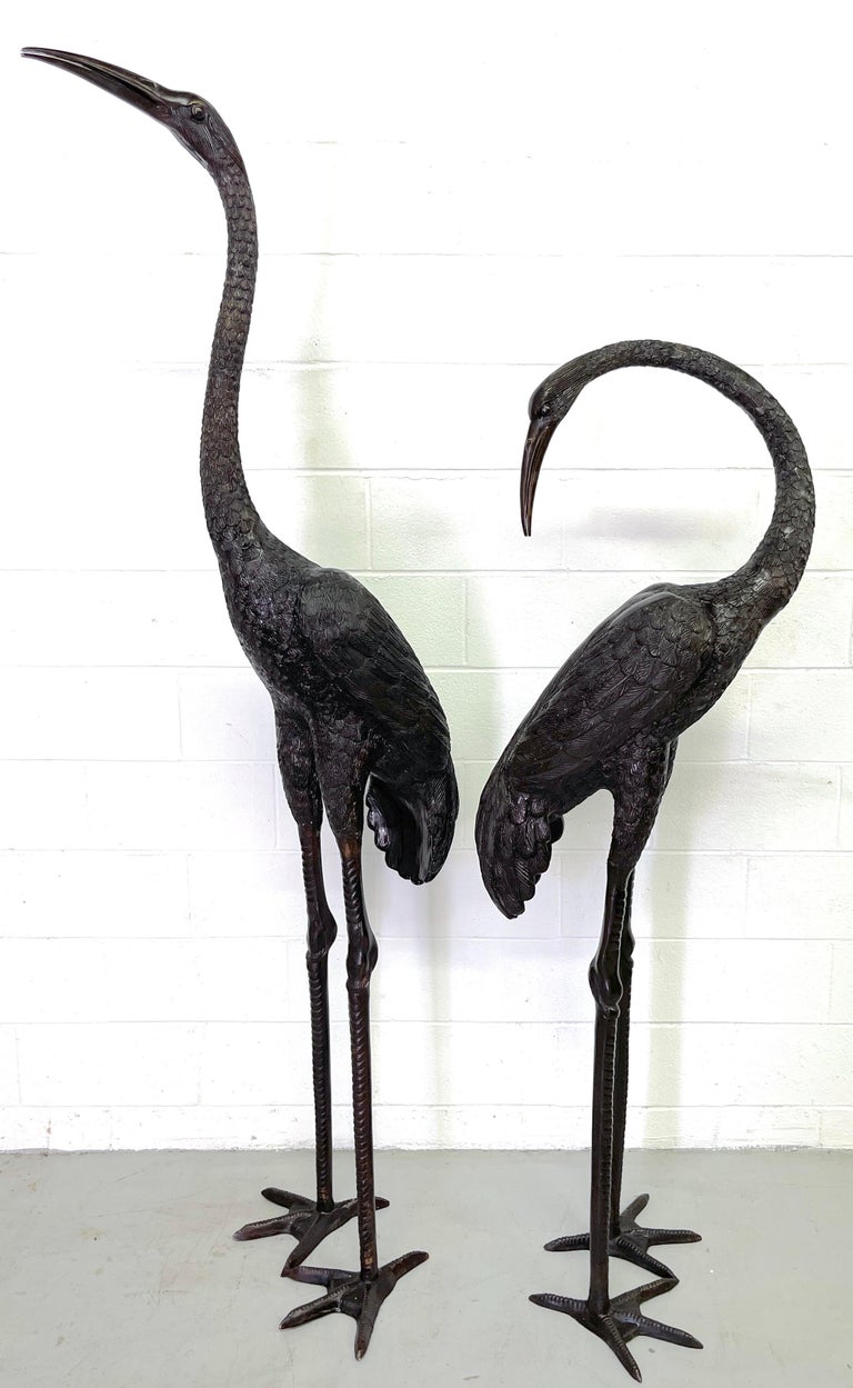 Pair of Monumental Cast and Patinated Bronze Figures of Standing Cranes ...