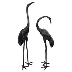 Pair of Monumental Cast & Patinated Bronze Figures of Standing Cranes