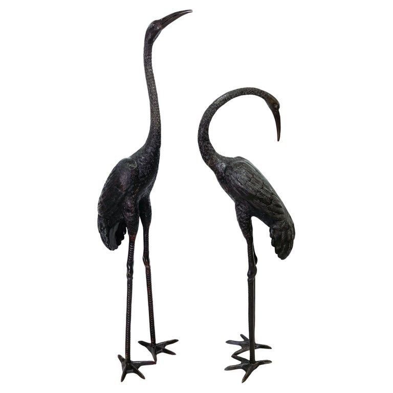 Pair of Monumental Cast and Patinated Bronze Figures of Standing Cranes ...