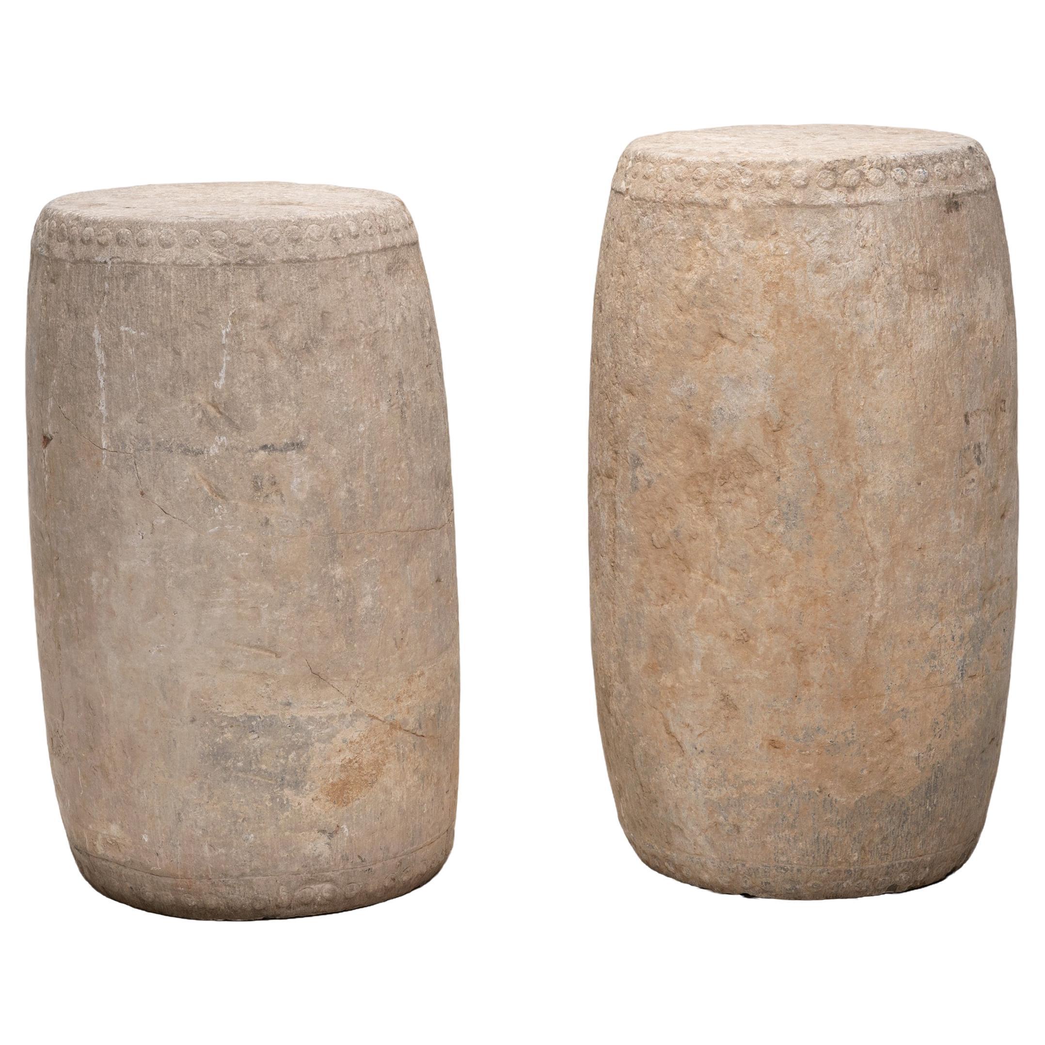 Pair of Monumental Chinese Limestone Drums, c. 1800