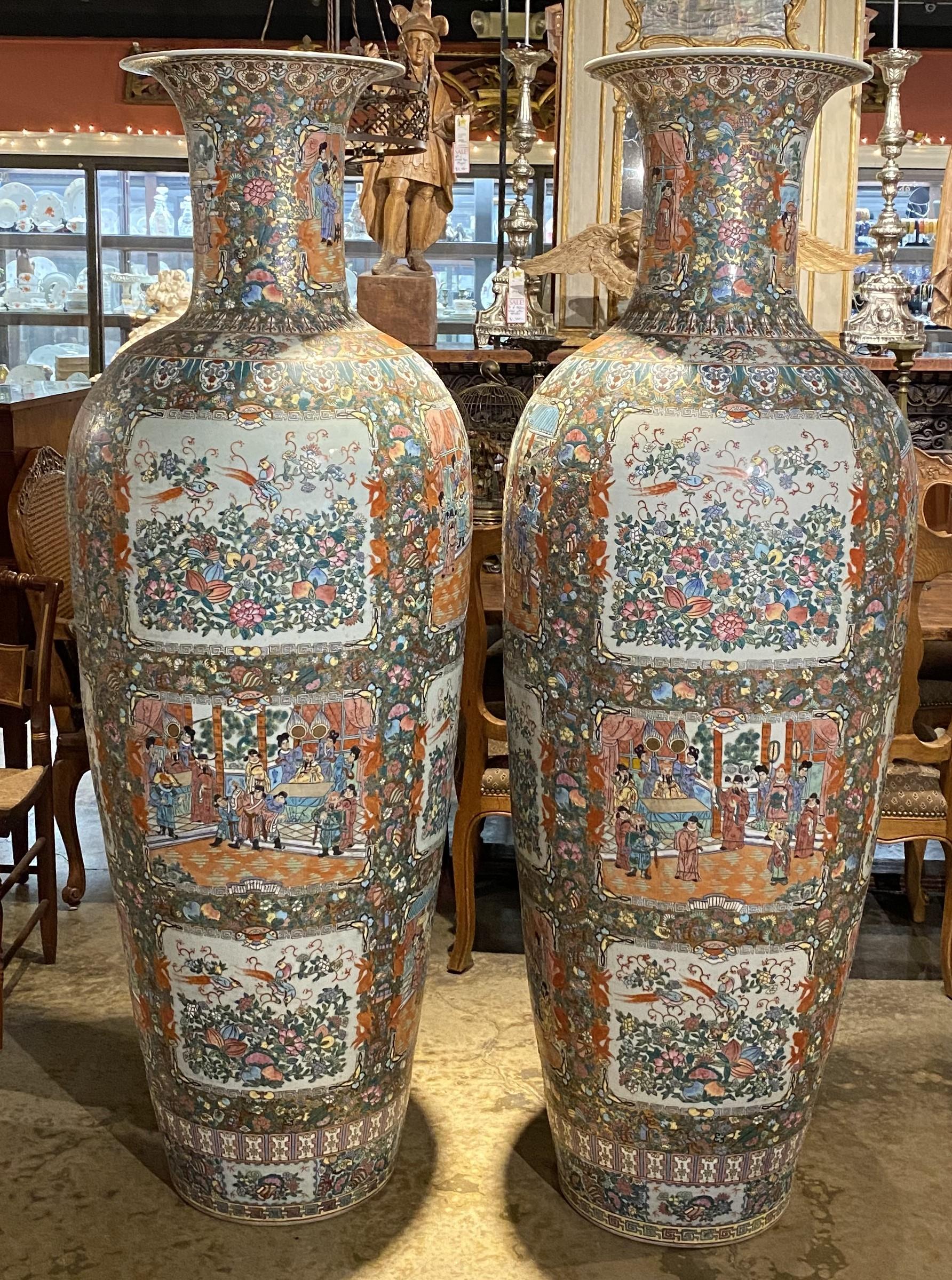 Chinese Export Pair of Monumental Chinese Rose Medallion Palace Vases