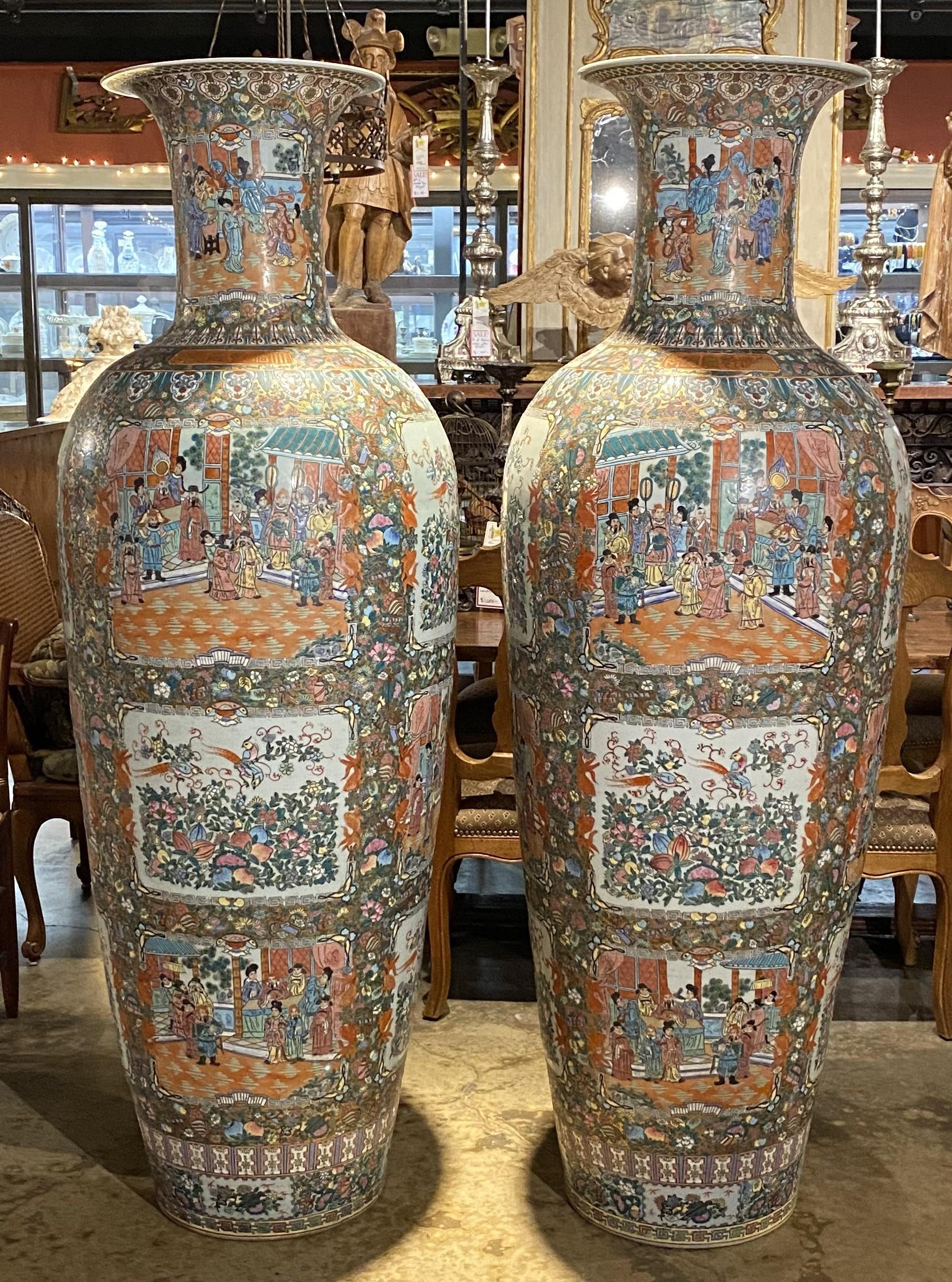 Pair of Monumental Chinese Rose Medallion Palace Vases In Good Condition In Milford, NH