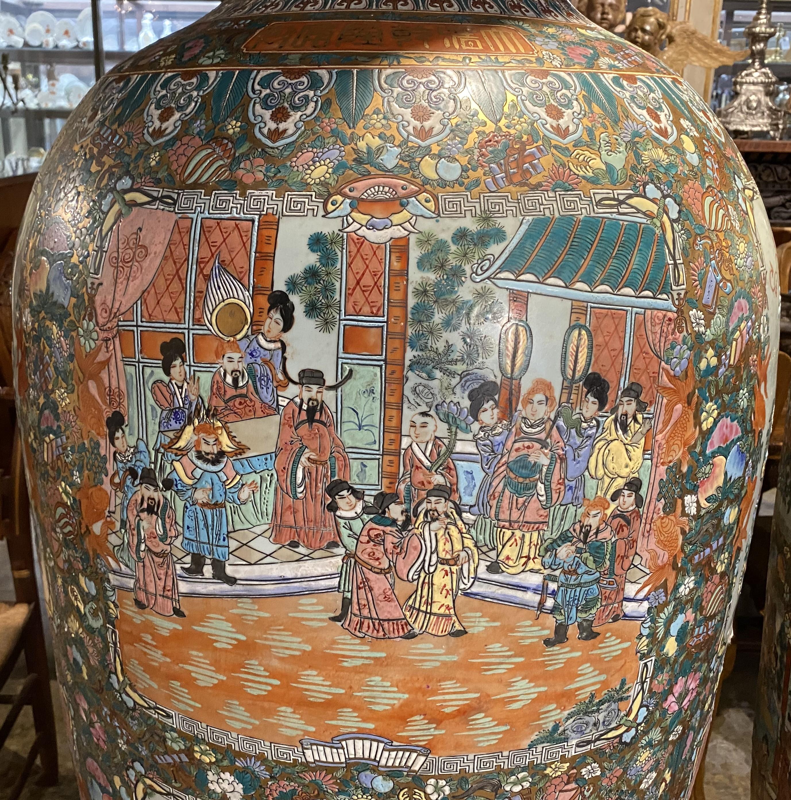 Porcelain Pair of Monumental Chinese Rose Medallion Palace Vases