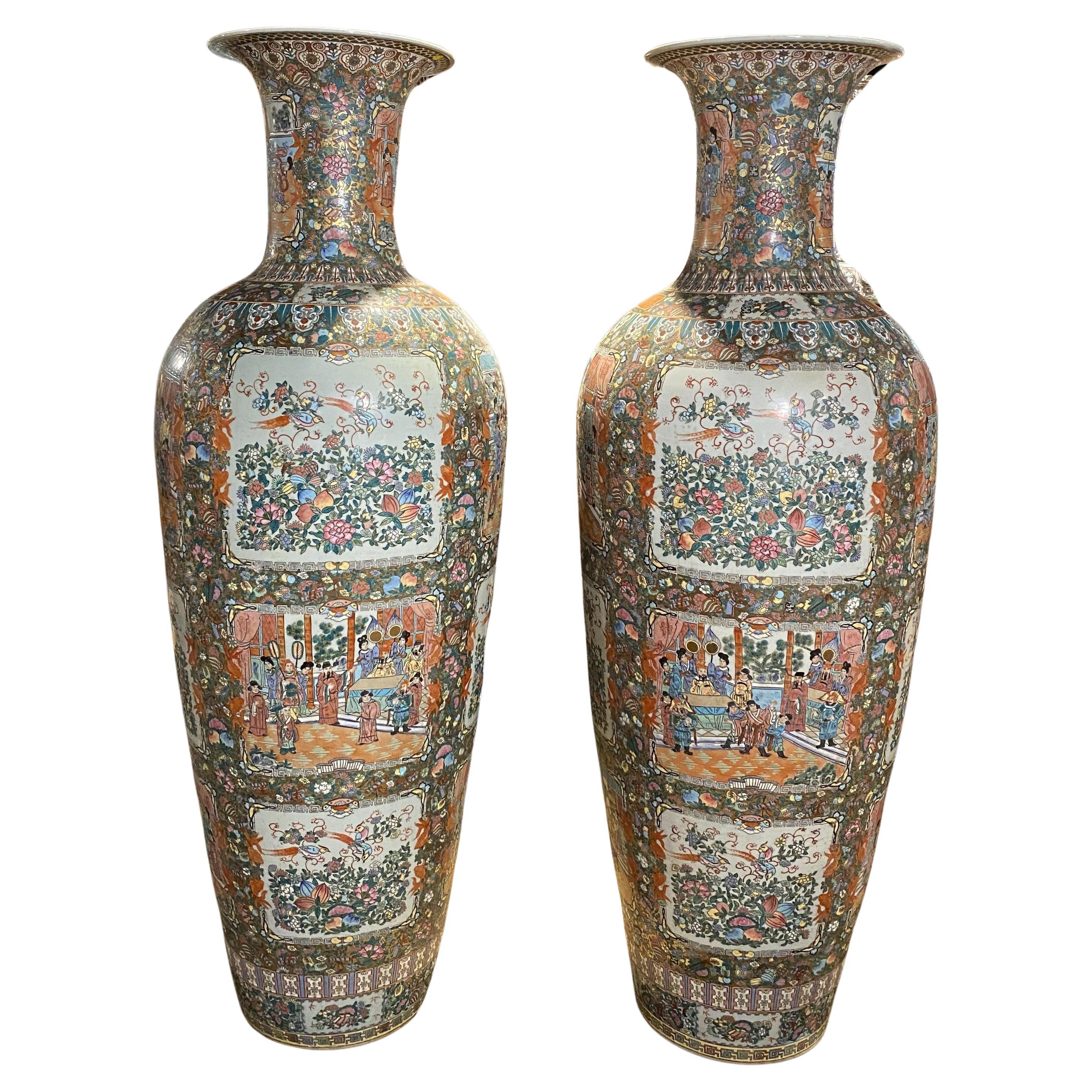 Pair of Monumental Chinese Rose Medallion Palace Vases For Sale